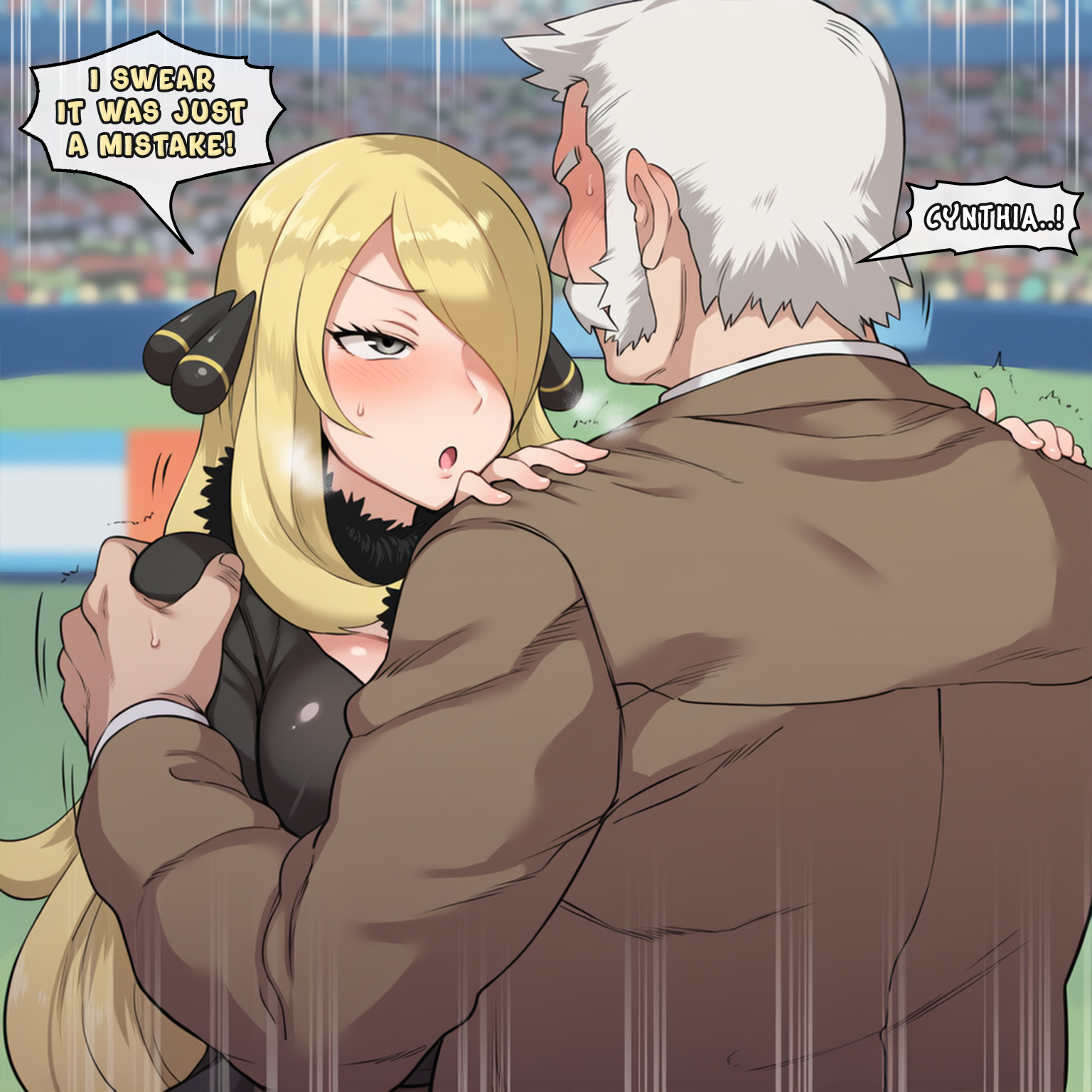 absurd res, absurdres, ai generated, between legs, between thighs, blonde hair, blush, color, commentary, competitive sex, cynthia (pokemon), darklust, dialogue, english, english commentary, english dialogue, english text, female, gamefreak, grabbing, grey eyes, grinding, hi res, high resolution, highres, hug from behind, human, labcoat, large breasts, legs together, motion blur, motion lines, nintendo, novelai, older male, older male and younger female, outercourse, penis between thighs, pokemon, pokemon dppt, professor rowan, public, self upload, speech bubble, speed lines, stadium, standing, standing sex, sumata, sweat, tagme, text, thigh gap, thigh sex, thighs, torso grab, uncensored