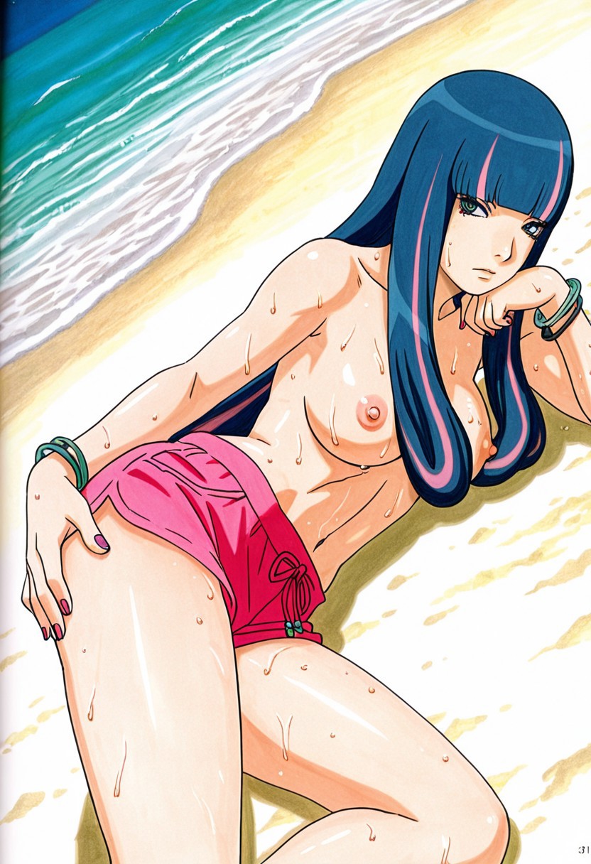 1girls, accurate art style, ada (boruto), ai generated, beach, beach background, boruto: two blue vortex, female only, manga style, masashi kishimoto style, multicolored hair, naruto, naruto (series), on beach, showing off