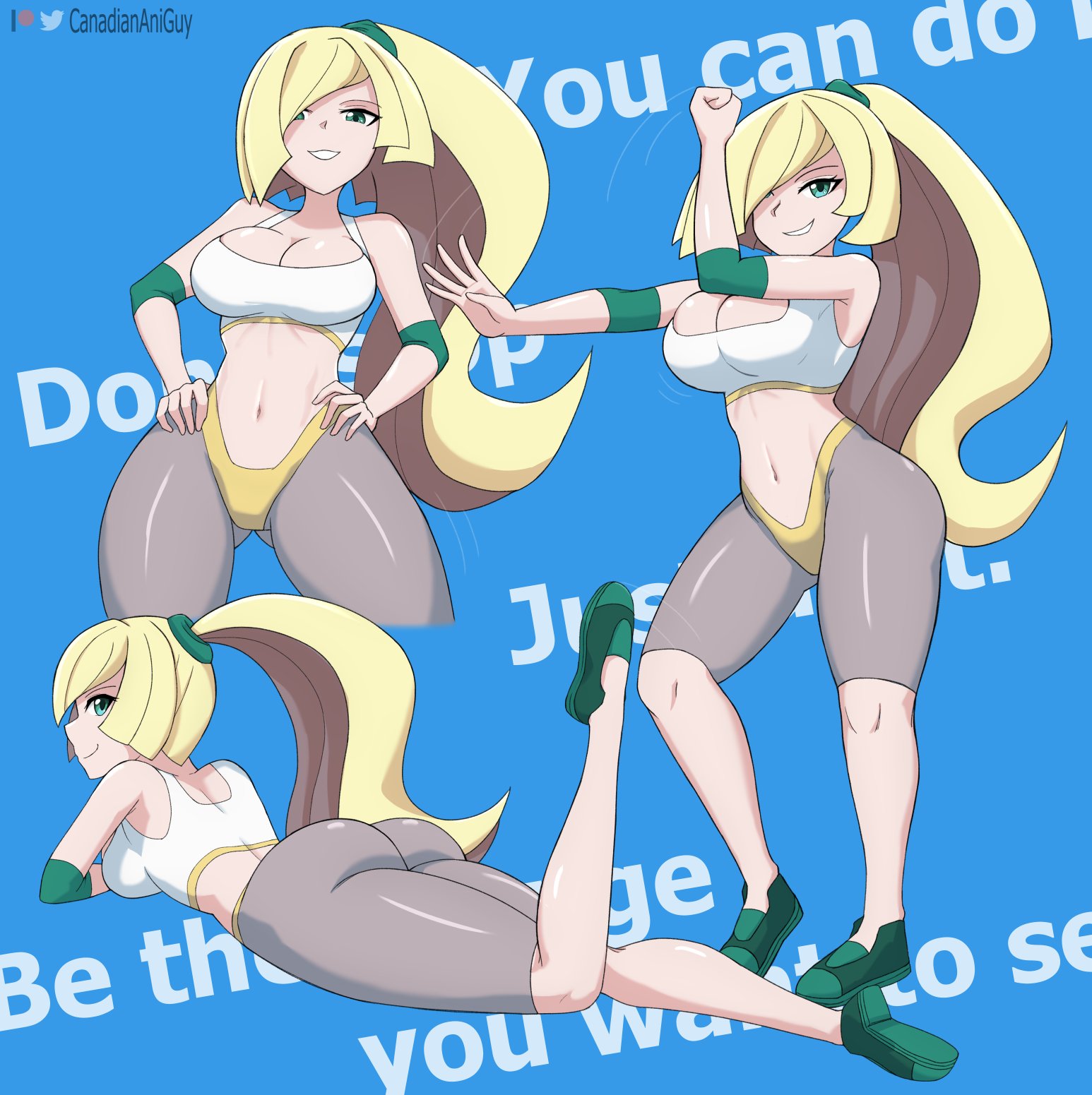 80's theme, ass, athletic, big ass, blonde hair, breasts, canadiananiguy, cleavage, female, green eyes, gym clothes, hair over one eye, huge ass, large breasts, long hair, looking at viewer, lusamine (pokemon), lying down, lying on stomach, mature, mature female, milf, mother, nintendo, nintendo moms animation (minus8), pokemon, pokemon sm, ponytail, shorts, skintight, smile, spats, sports bra, thick thighs, thighs, very long hair, wide hips, workout, workout clothes
