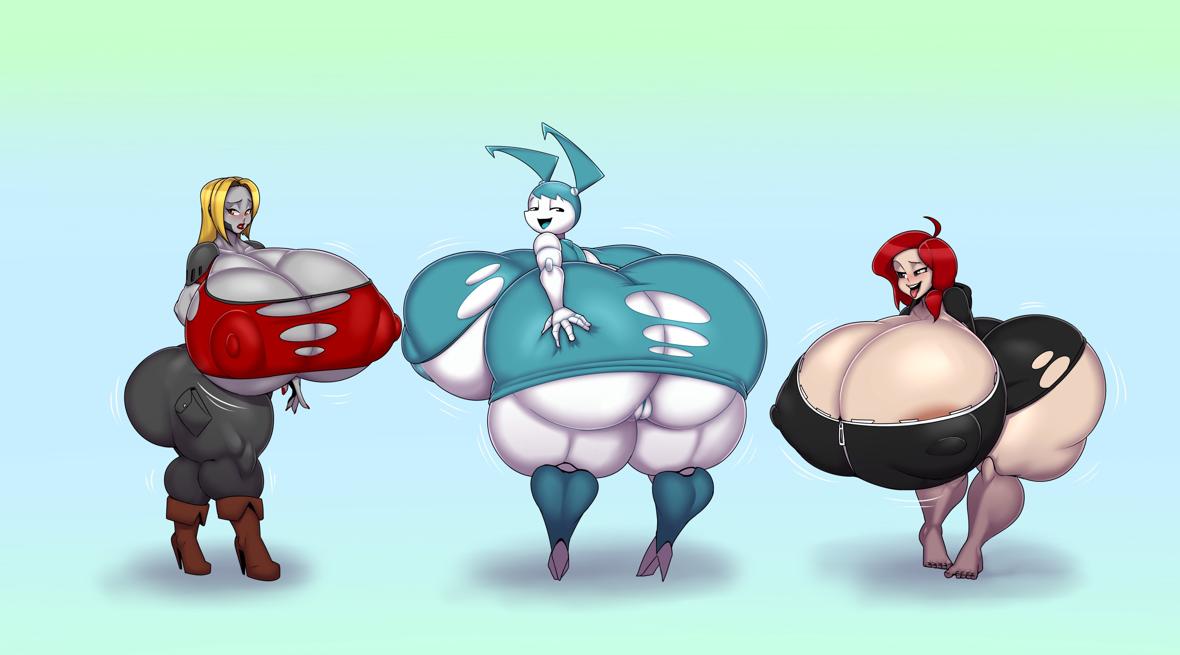 3girls, ahoge, android, ass, ass expansion, ber00, big ass, big breasts, breast expansion, breast growth, breast growth (enlargement), breasts, bursting breasts, busty, cleavage, clothing, female, female only, hand on ass, huge ass, huge breasts, ineffective clothing, jenny wakeman, looking at viewer, looking back, multiple females, multiple girls, my life as a teenage robot, nipple bulge, nipples, nipples visible through clothing, no bra, no underwear, original, original character, pussy, robot, robot girl, thick thighs, torn clothes, torn clothing, underass, underboob, wide hips, xj-9