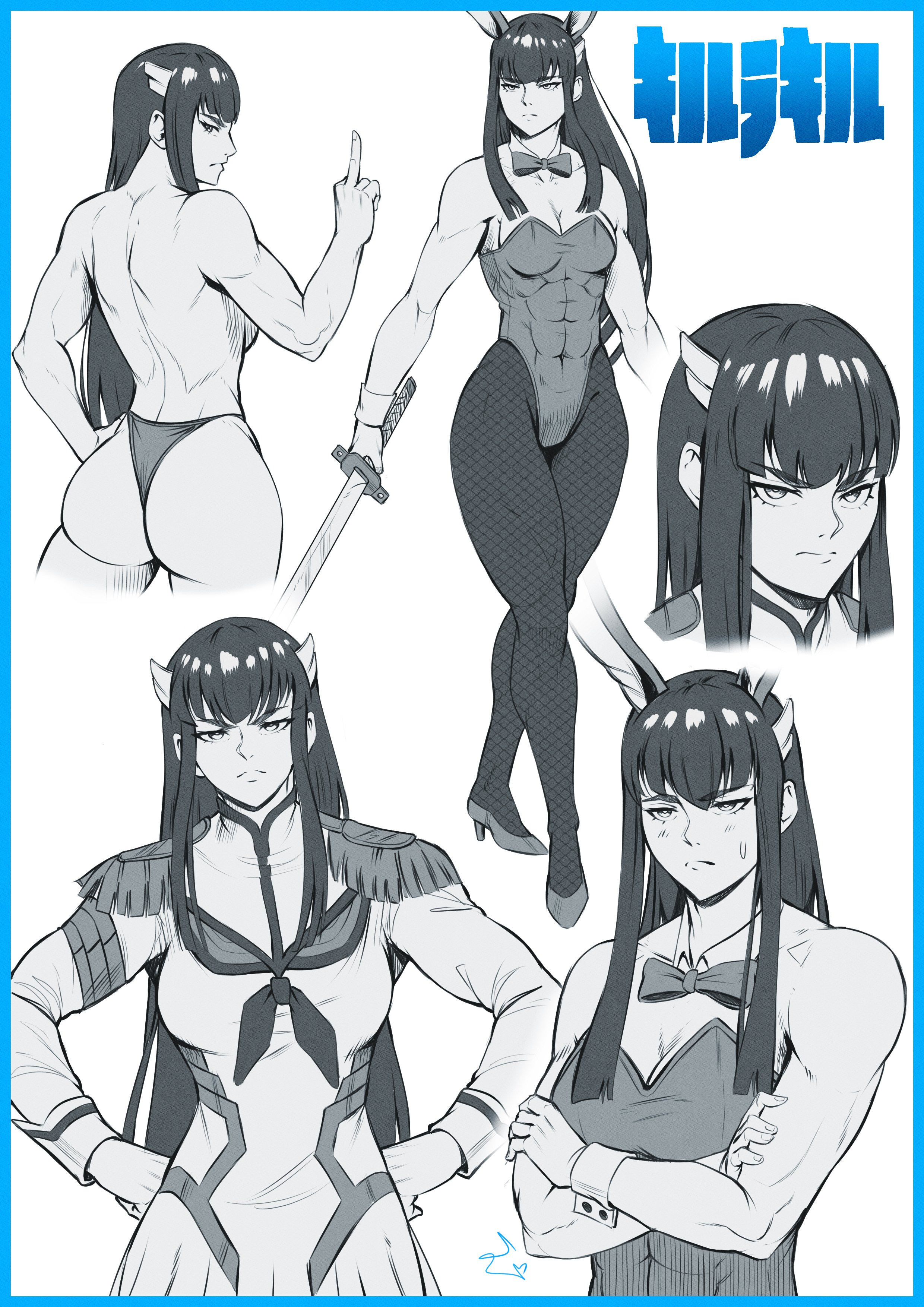1girls, abs, absurd res, ass, athletic, athletic female, back, back muscles, back view, bare shoulders, biceps, big ass, big breasts, breasts, bunnysuit, cleavage, clothing, curvy, female, female only, heels, hi res, high heels, kill la kill, kiryuuin satsuki, long hair, looking at viewer, muscles, muscular, muscular arms, muscular back, muscular female, muscular thighs, no bra, sidelocks, simple background, solo, speedl00ver, studio trigger, sweatdrop, sword, thong, topless, very long hair, weapon