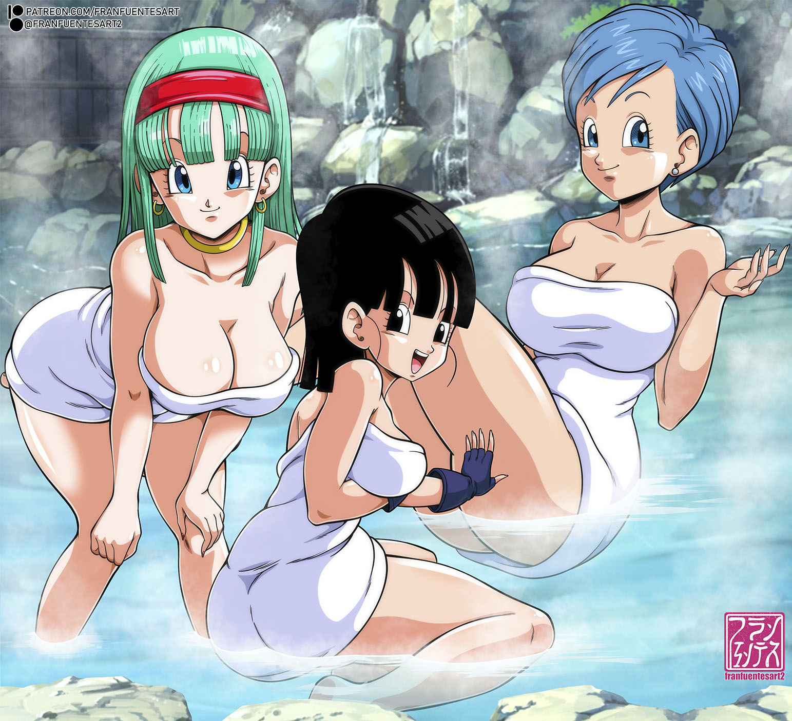 3girls, aged up, bra (dragon ball), bra briefs, breasts, bulma, bulma briefs, cleavage, dragon ball, dragon ball gt, earrings, female, female only, franfuentesart2, huge breasts, human, humanoid, milf, pan (dragon ball), shounen jump, thick thighs, towel, wide hips