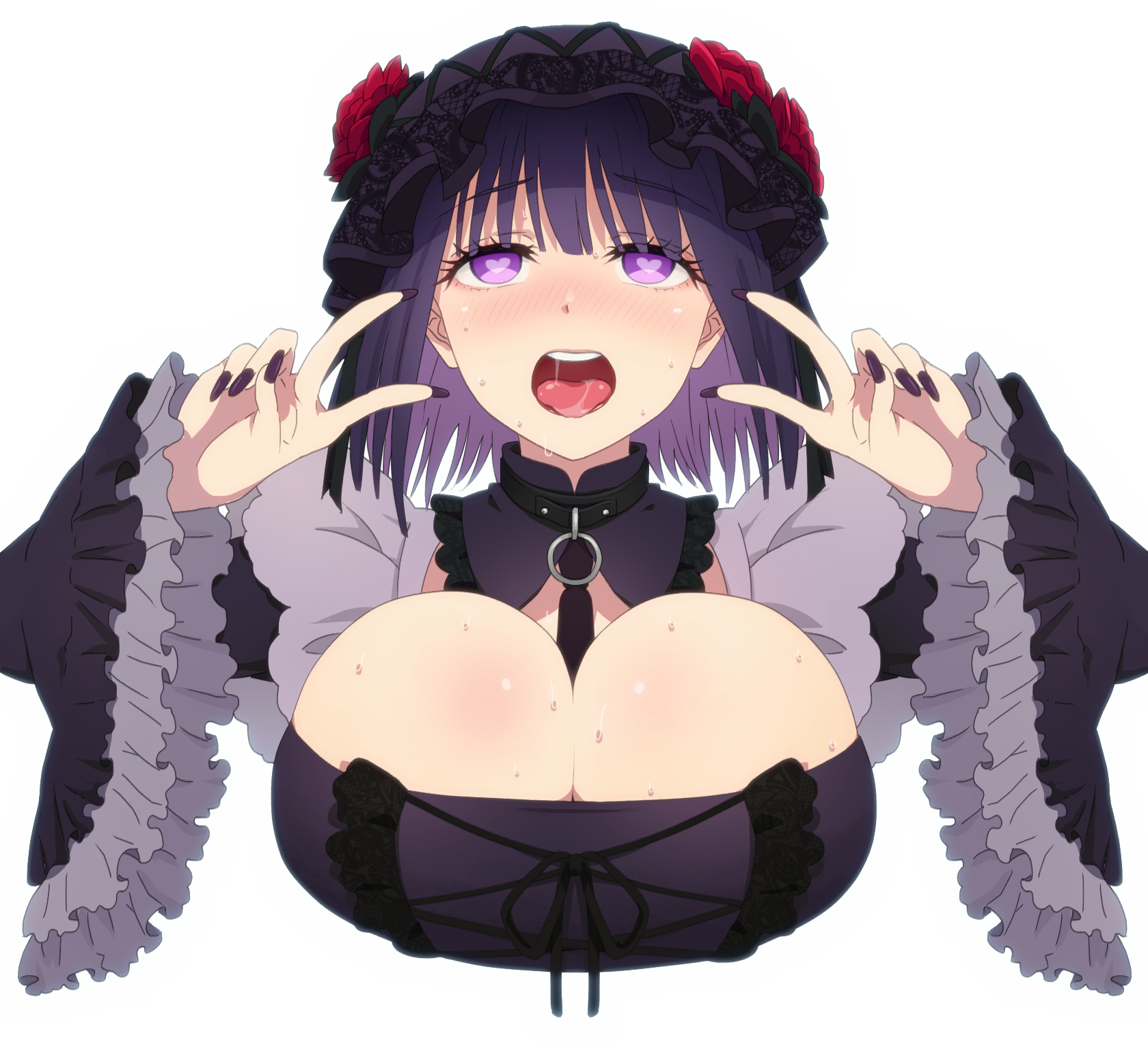 ahe gao, breasts, double v, female, heart-shaped pupils, highres, kitagawa marin, kuroe shizuku (cosplay), large breasts, nail polish, open mouth, purple eyes, purple hair, purple nails, simple background, sono bisque doll wa koi wo suru, sweat, toraya (doujintraya), v, white background