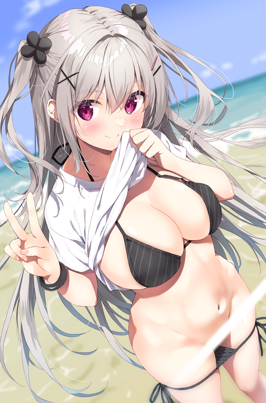 beach bikini bikini_pull black_bikini breasts cleavage closed_mouth clothes_lift clothes_pull day female female grey_hair hair_ornament hairclip halter_top halterneck hand_up highres large_breasts lifted_by_self light_censor long_hair looking_at_viewer navel ocean original outdoors pink_eyes ryouka_(suzuya) shirt shirt_lift short_sleeves side-tie_bikini smile solo standing stomach string_bikini striped striped_bikini swimsuit two_side_up v water white_shirt wristband x_hair_ornament