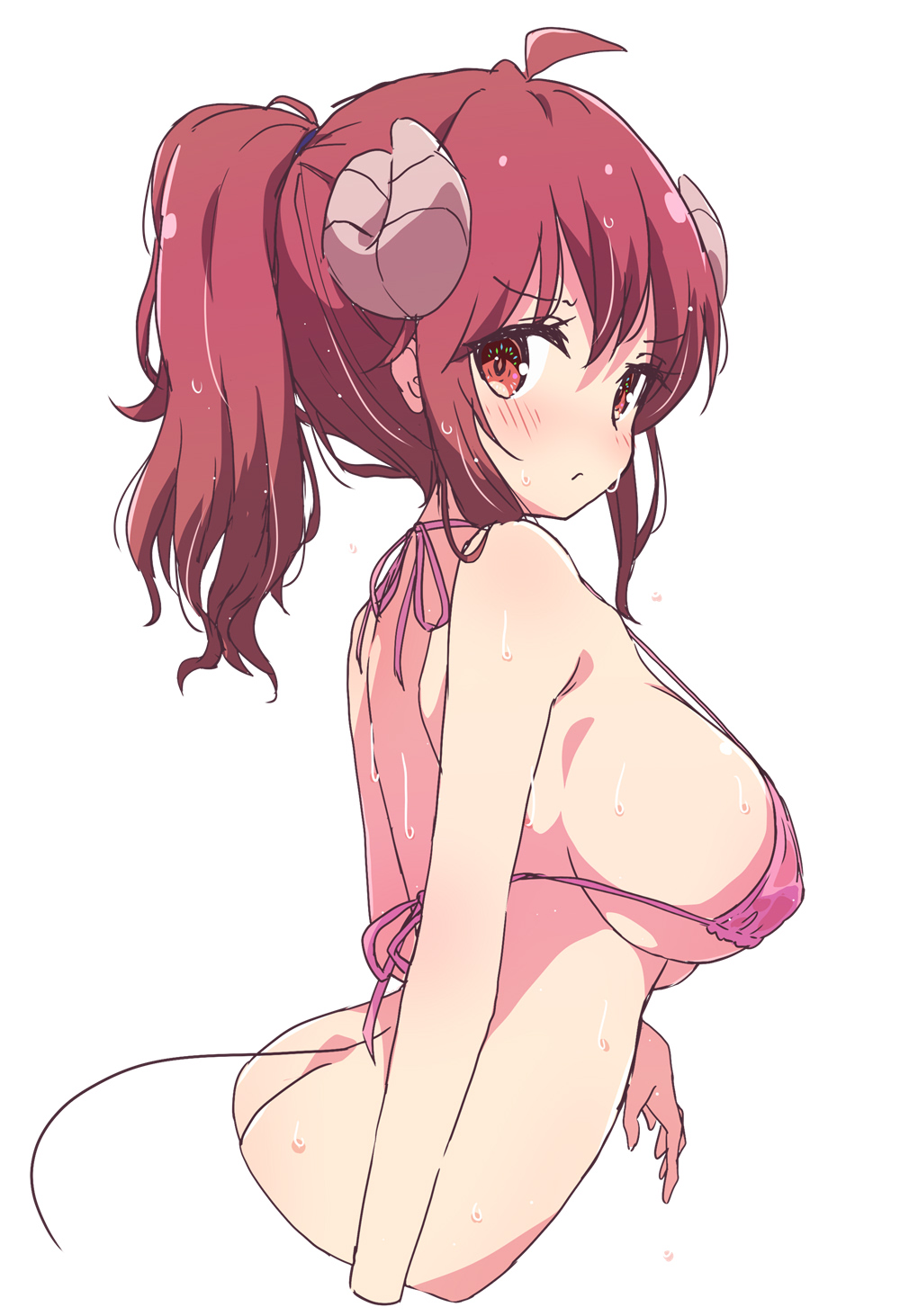 ahoge alternate_hairstyle bikini breasts curled_horns demon demon_girl demon_horns demon_tail female highres horns large_breasts machikado_mazoku mel_(melty_pot) pink_bikini ponytail red_eyes red_hair short_hair sideboob simple_background solo swimsuit tail upper_body wet white_background yoshida_yuuko_(machikado_mazoku)