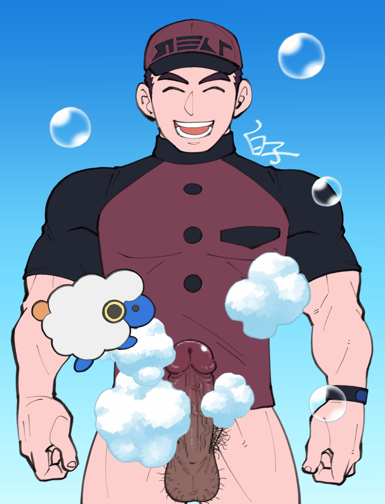 41raco bara boner bottomless courier_(pokemon) erect_penis erection hard_on male male_only mareep mareep_sponge muscles muscular muscular_male npc_trainer pokemon pokemon_sv uncut veiny_penis washing