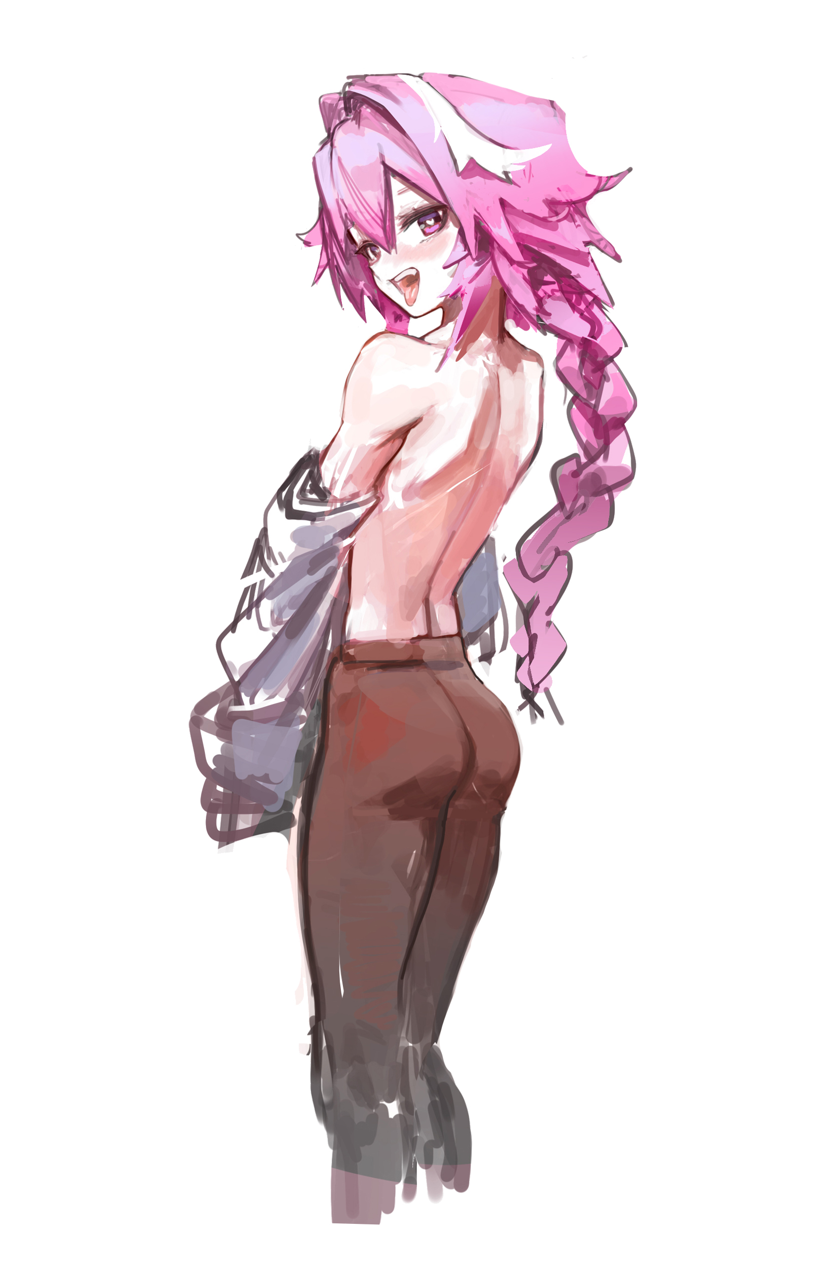 1boy, ass, astolfo (fate), back, domira, fate (series), femboy, looking at viewer, looking back, male, male only, open mouth, pants, smile, solo, standing, teeth, tongue, tongue out, undressing