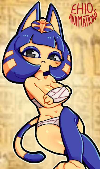 animal_crossing ankha ankha_(animal_crossing) ankha_ride_(minus8) bandages bangs big_breasts black_eyes blue_hair breasts cat_ears cat_tail catgirl ehioanimations feet feet_up furry nintendo yellow_fur