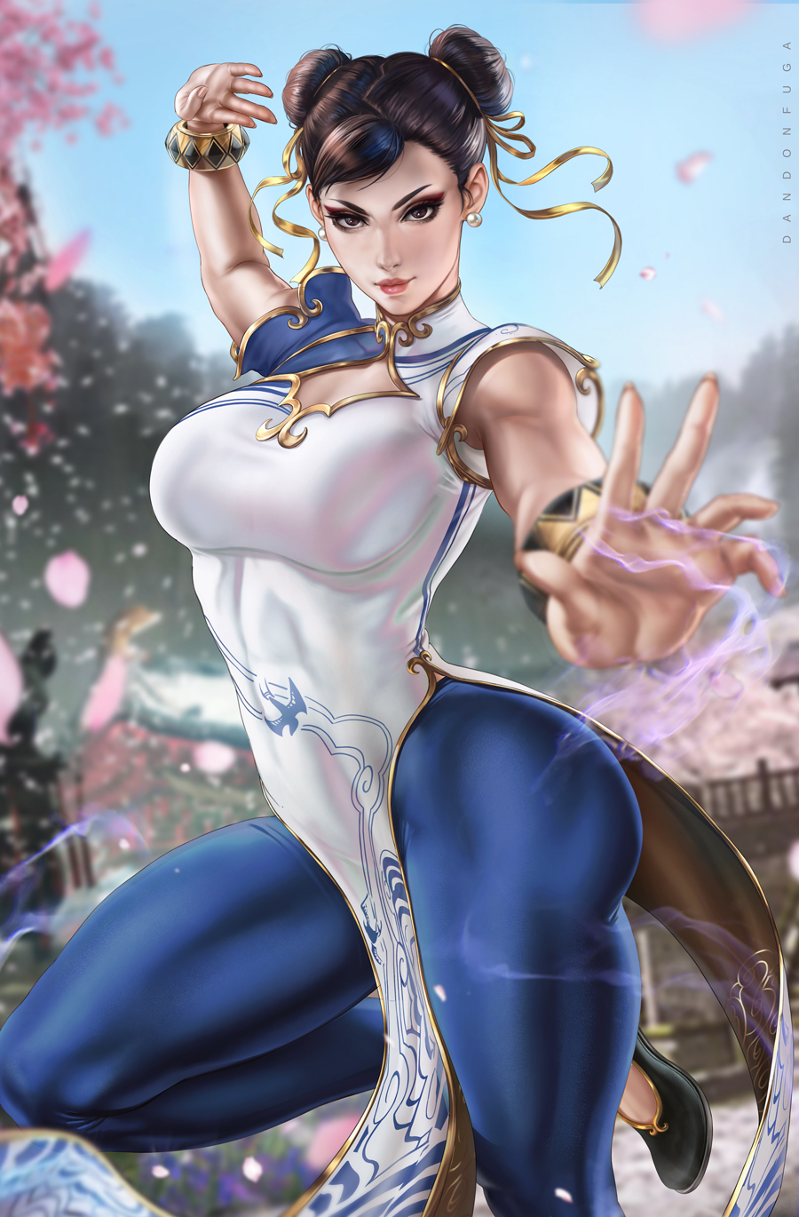 1girls bangle big_ass big_breasts black_eyes black_footwear blue_pants blue_sky boob_window bracelet breasts bridge brown_hair capcom cherry_blossoms china_dress chinese_clothes chun-li cleavage cleavage_cutout clothing_cutout dandon_fuga double_bun dress earrings eyeshadow hair_bun hair_ribbon highres jewelry knee_up large_breasts leggings lipstick looking_at_viewer makeup muscular muscular_female outdoors palms pants pearl_earrings pelvic_curtain petals ribbon short_sleeves sky smirk standing standing_on_one_leg street_fighter street_fighter_6 thick_thighs thunder_thighs tight_pants tights tree two-tone_dress yellow_ribbon yoga_pants