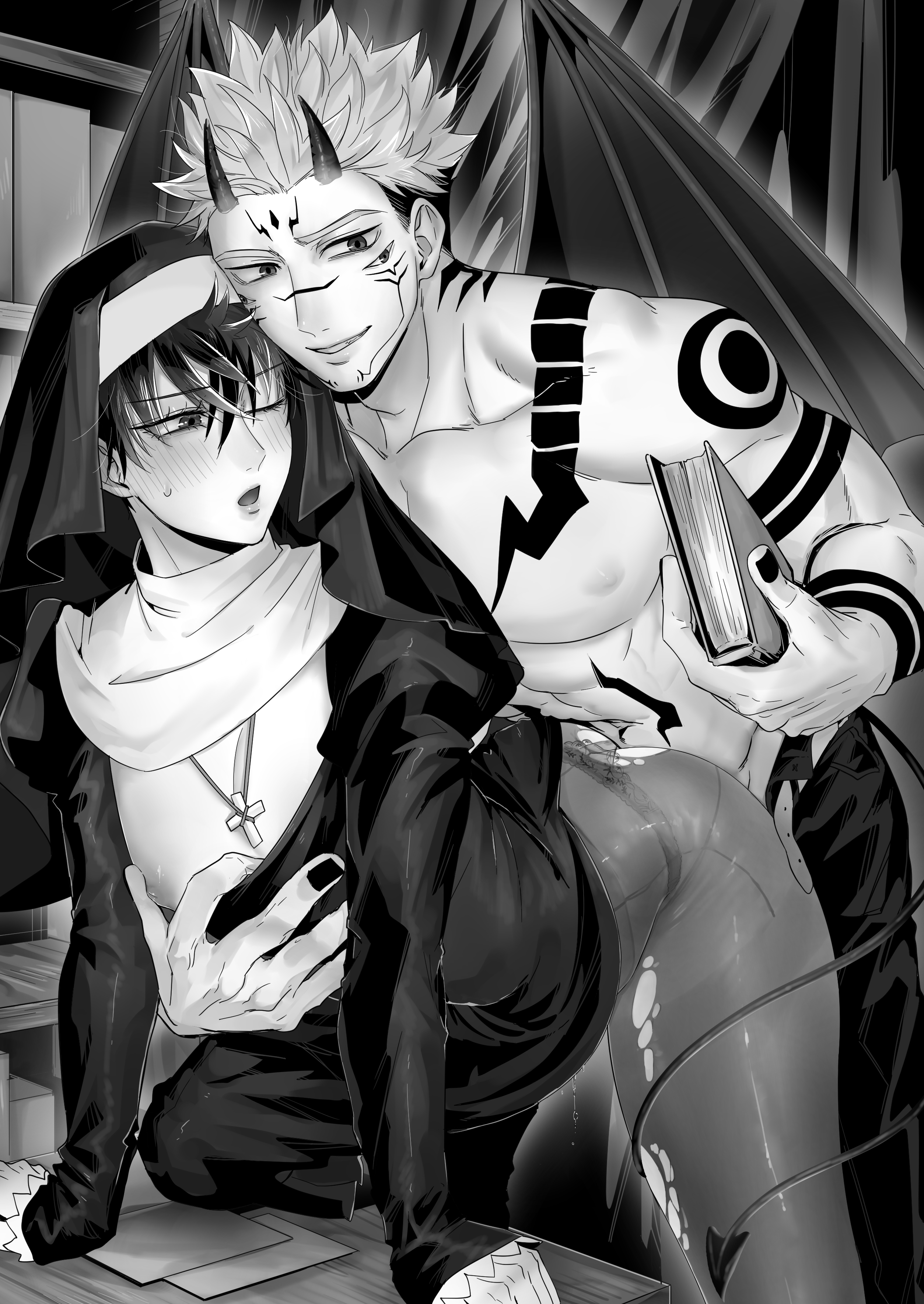 2boys, abs, against table, arm tattoo, bangs, bent over, blush, book, chest tattoo, corruption, cross, cross necklace, crossdressing, crossdressing male, demon, demon boy, demon horns, demon tail, demon wings, doggy style, eyelashes, facial tattoo, femboy, feminine male, fushiguro megumi, gay, greyscale, habit, hair between eyes, holding, holding book, horns, iinikukuiita, implied anal, implied sex, indoors, jewelry, jujutsu kaisen, long sleeves, looking at another, male, male focus, male nun, male only, male/male, monochrome, multi eye, multiple boys, multiple males, muscular, muscular male, nail polish, necklace, nipple slip, nipples, nun, one eye closed, open mouth, open pants, pants, pantyhose, parted lips, pectorals, ripped clothes, ryoumen sukuna (jujutsu kaisen), sex, sex from behind, short hair, shoulder tattoo, size difference, smile, spiked hair, stomach tattoo, table, tail, tattoo, teeth, toned, toned male, topless male, torn clothes, torn legwear, twink, undercut, undressing another, wings, yaoi