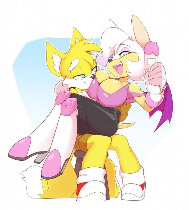 aged up, bat, big breasts, bigdad, bottomwear, breasts, clothed, clothing, duo, electronics, female, footwear, fox, fur, furry, furry only, handwear, large breasts, larger male, male, neckwear, older female, ramudey, rouge the bat, sitting, sonic (series), sonic the hedgehog (series), tail, tails, tails the fox, younger male