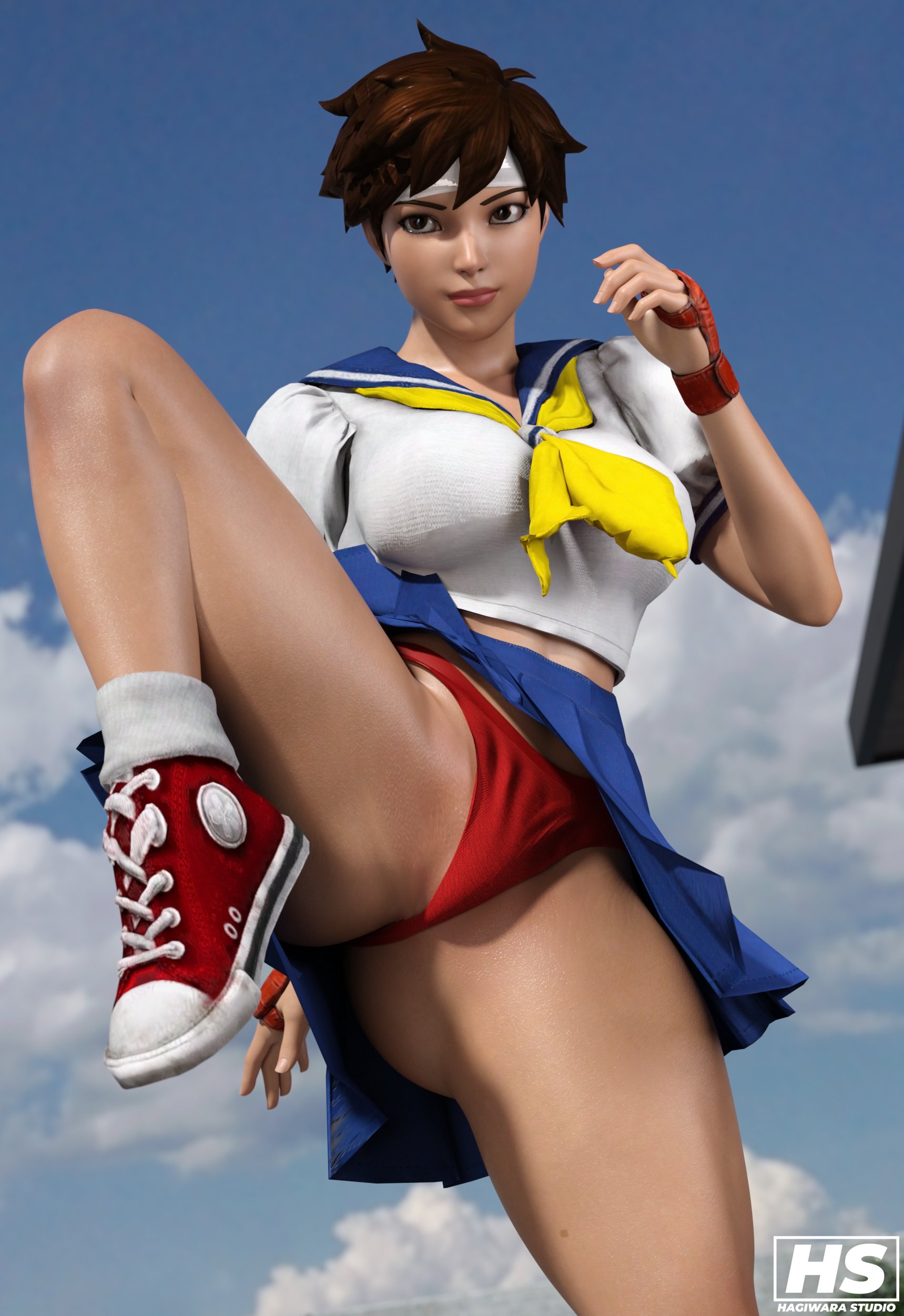 1girls, 3d, abs, female, female only, fortnite, hagiwara studio, panties, sakura kasugano, sakura kasugano (fortnite), skirt, solo, street fighter, thick thighs