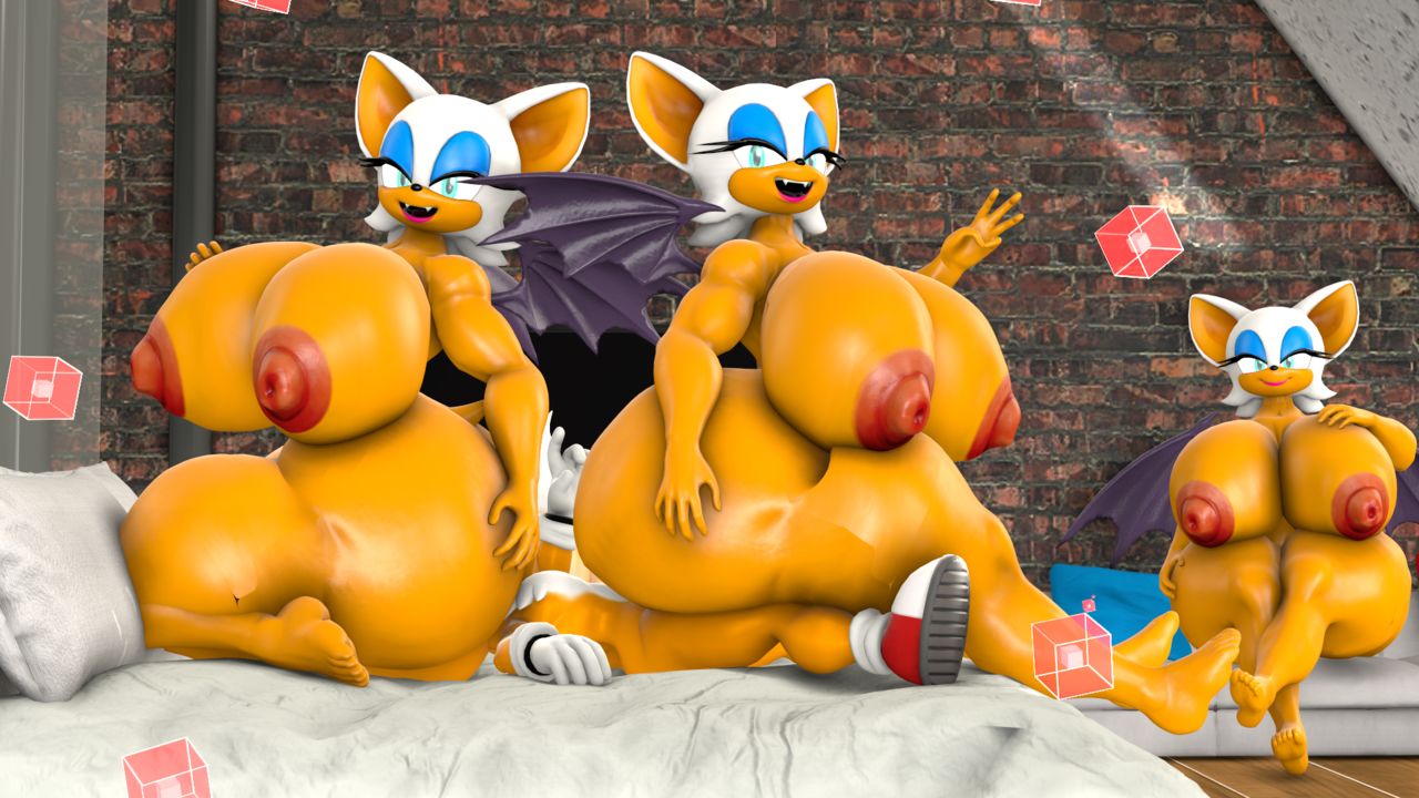 1boy, 3d, 3d model, 3girls, anthro, ass, bat, blueapple, breasts, canine, clone, erect nipples, facesitting, female, fox, gigantic ass, gigantic breasts, hand on ass, hand on breast, looking at viewer, male, mobian, mobian (species), mobian bat, nipples, on bed, penis, rouge the bat, sega, sitting on penis, sonic (series), sonic adventure 2, sonic the hedgehog (series), tails, tails the fox, watching, watching sex