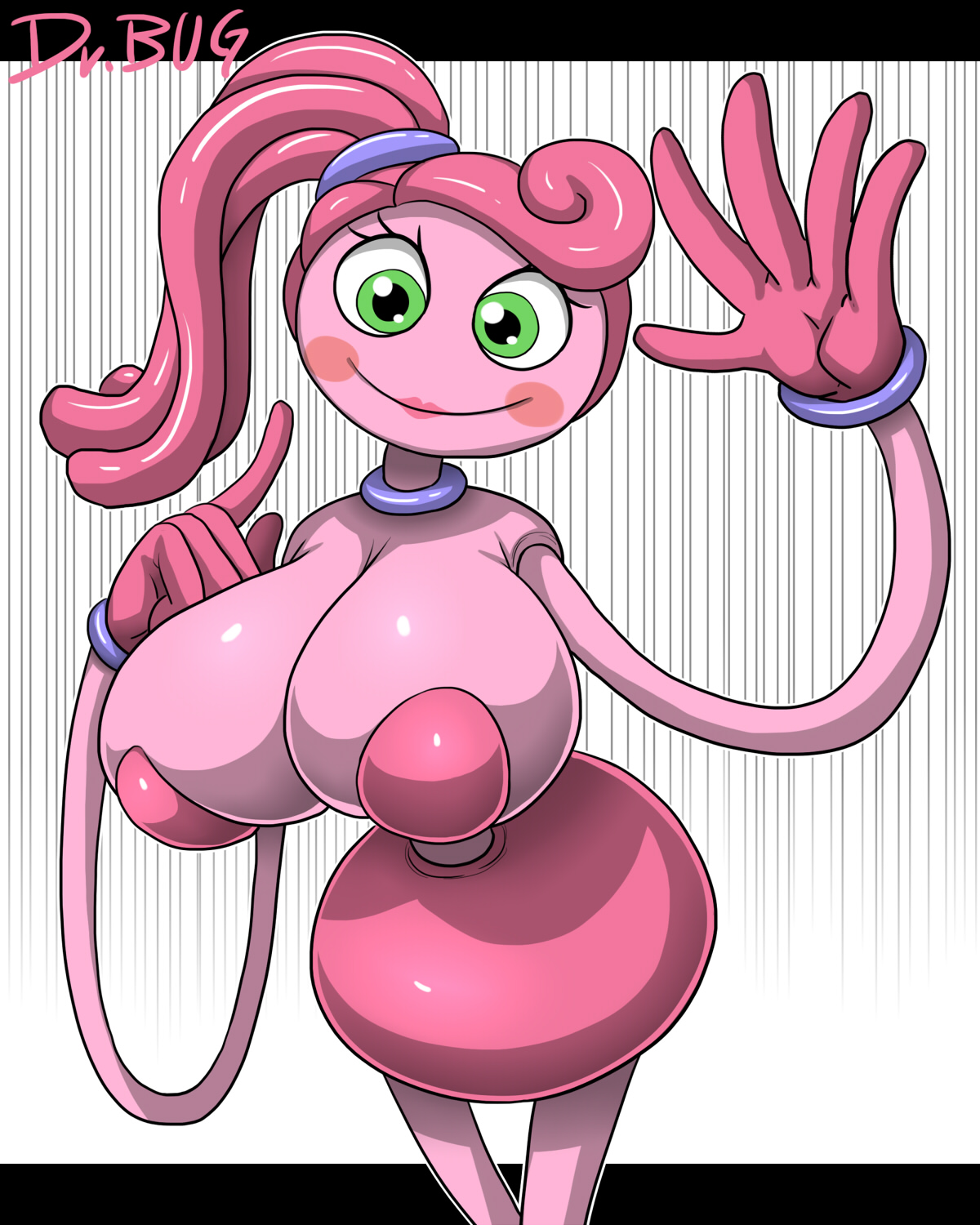 1girls, big breasts, black pupils, breasts, dr.bug, female, lipstick, long arms, long legs, mommy long legs, pink body, pink hair, pink skin, poppy playtime, solo