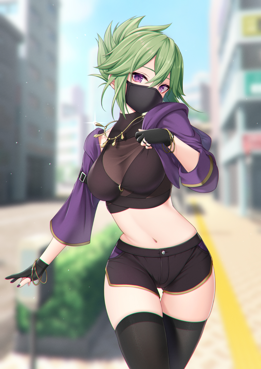 akira (sayo dayoo), belly, belly button, big breasts, black thighhighs, breasts, female, genshin impact, green hair, kuki shinobu, mask, ninja, ninja mask, pentakira, shinobi, thick, thick thighs, thighhighs, thighs, tummy