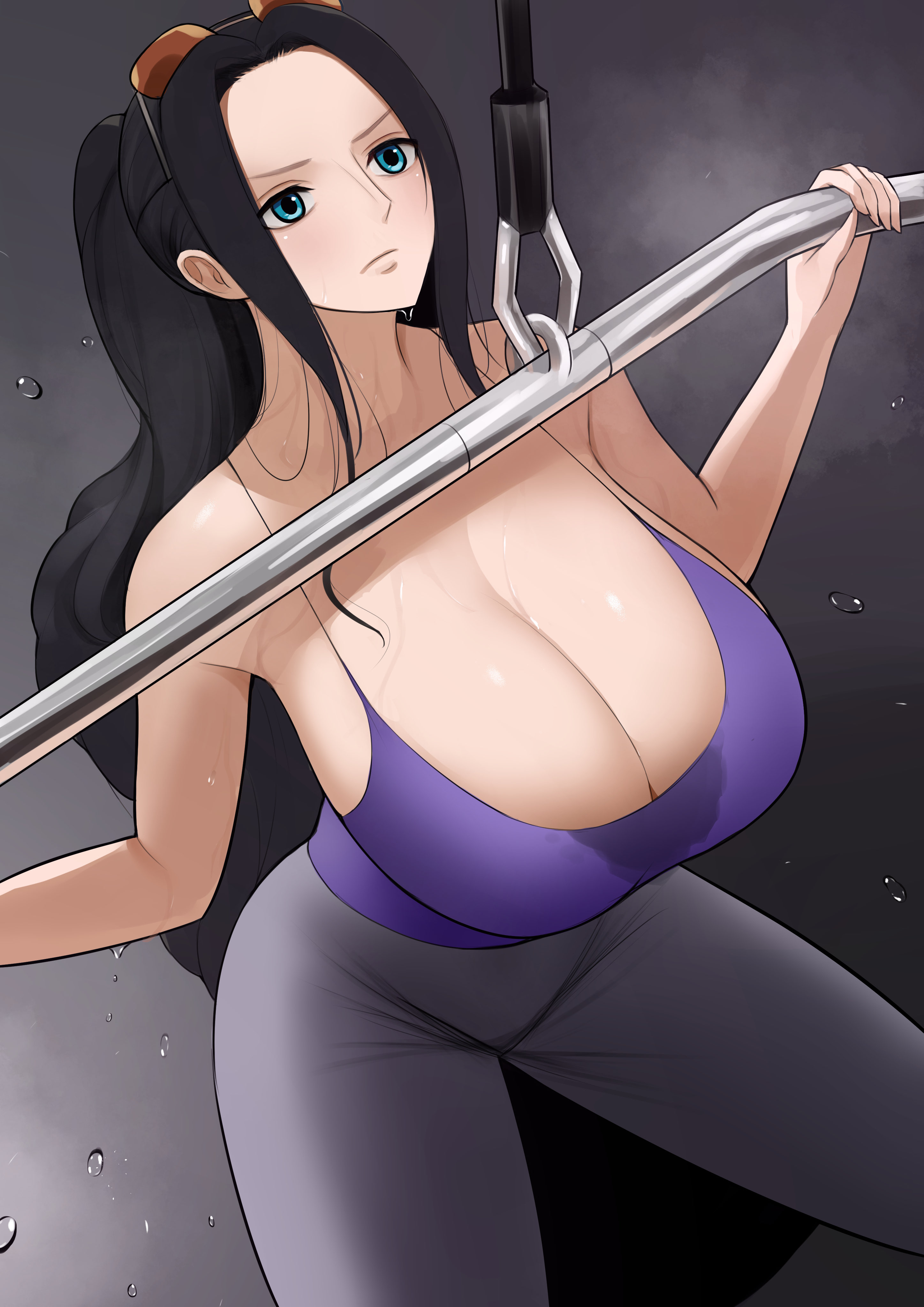 1girls, absurd res, amemuchizakuro, bare shoulders, big breasts, black hair, black-haired female, blue eyes, blush, breasts, cleavage, clothing, eyelashes, female, female focus, female only, gym, gym clothes, hips, huge breasts, human, large breasts, looking up, nico robin, one piece, pants, ponytail, shiny skin, sitting, sleeveless, solo, solo female, sunglasses, sunglasses on head, sweat, sweat stain, sweatdrop, tank top, thighs, tied hair, very long hair, voluptuous, workout, workout clothes, yoga pants, zakuro176