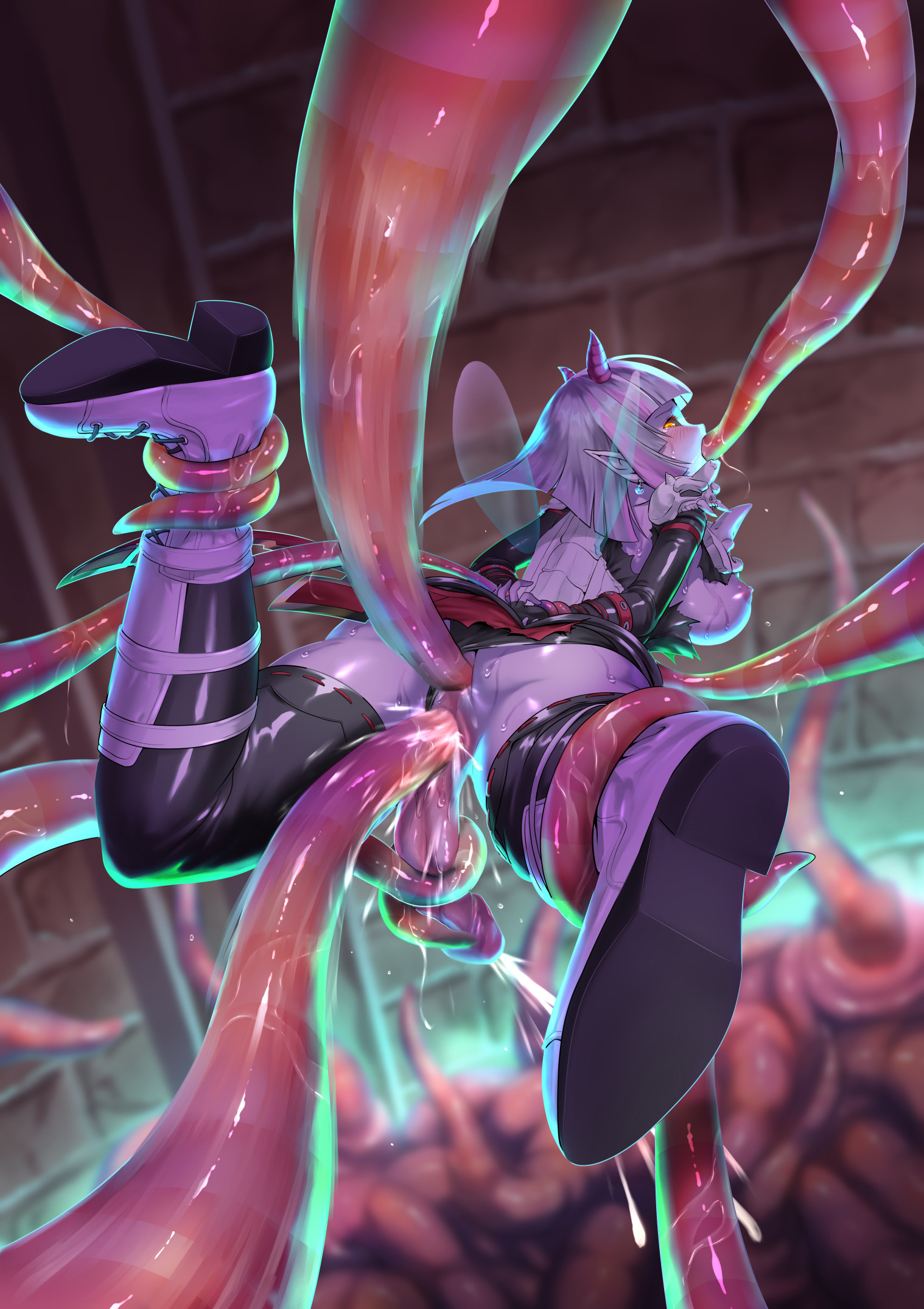 1futa, amber eyes, anal sex, areolae, ayanakitori, back, back view, bangs, big breasts, big penis, breasts, breasts out, cum, cum while penetrated, cumshot, decensored, demon, demon girl, earring, ejaculation, erection, fairy wings, female, futa only, futa sans balls, futanari, glans, horns, humanoid, humanoid penis, intersex, looking back, medium breasts, nipples, nude, orgasm, original, original character, penis, pointy ears, purple hair, purple skin, pussy, sex, short hair, solo, tentacle, tentacle around penis, tentacle in mouth, tentacle in pussy, tentacle rape, tentacle sex, thigh high boots, third-party edit, torn clothes, uncensored, vaginal penetration