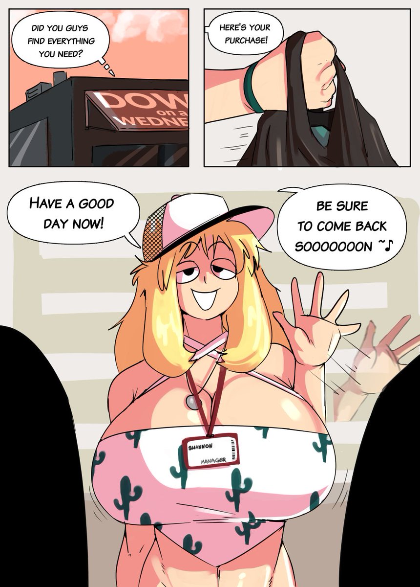 bag, big breasts, blonde hair, breast focus, breasts, cap, comic, comic page, dialogue, dialogue bubble, female, gumroad, honeyboyy, mob face, original, shannon (honeyboyy), stoned, tagme