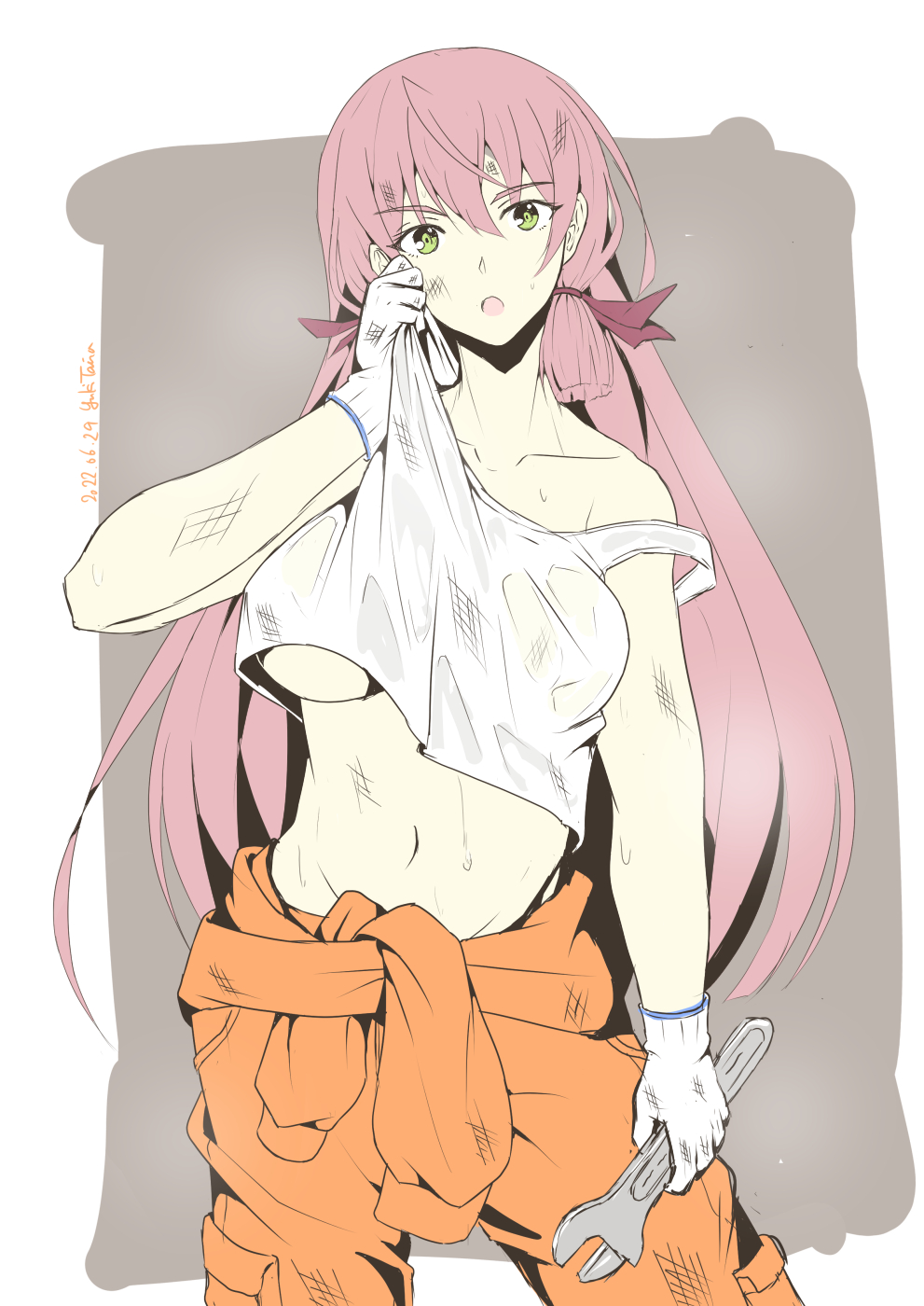 akashi_(kantai_collection) artist_name blunt_tresses breasts clothes_lift dated female gloves green_eyes hair_ribbon highres holding holding_wrench jumpsuit jumpsuit_around_waist kantai_collection long_hair looking_at_viewer midriff navel one-hour_drawing_challenge open_mouth orange_jumpsuit pink_hair ribbon shirt_lift solo strap_slip taira_yuuki tank_top tress_ribbon two-tone_background underboob very_long_hair white_tank_top wiping_sweat wiping_with_shirt wrench