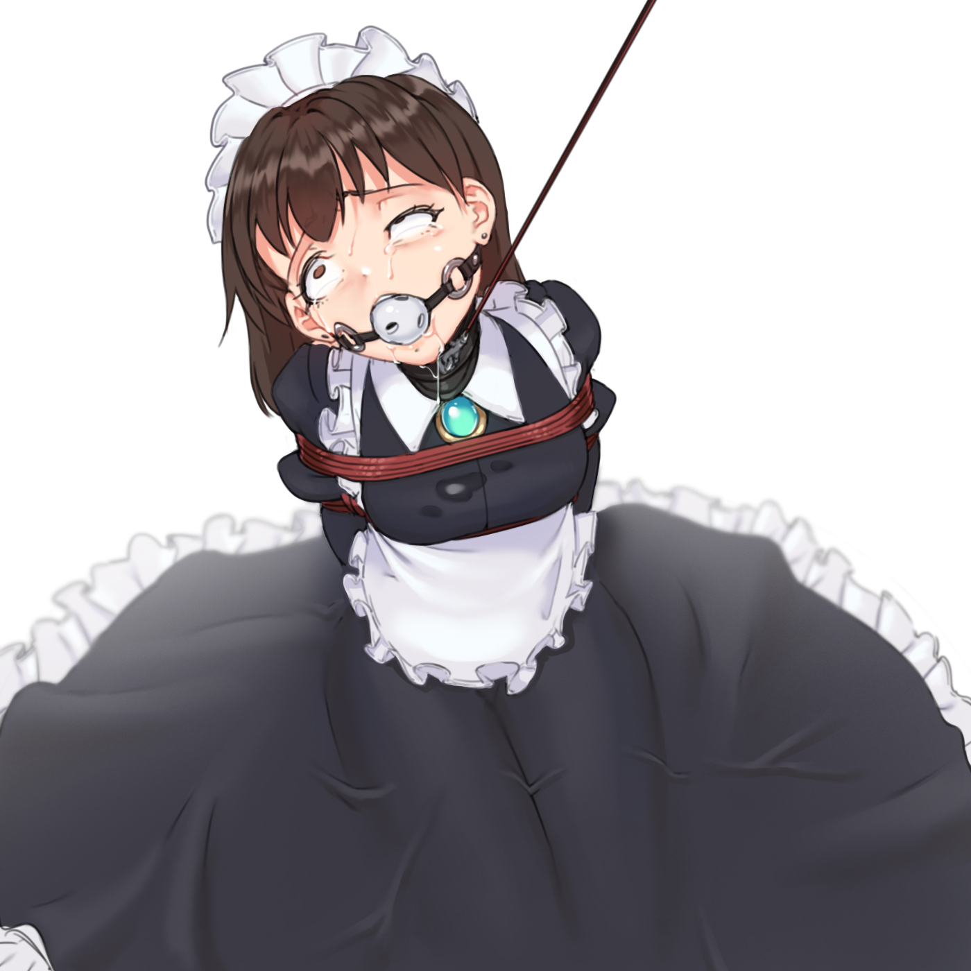 1girls, afraid, arms behind back, arms tied behind back, asphyxiation, ball gag, bangs, big breasts, black dress, bondage, bound, bound arms, box tie, breasts, brooch, brown eyes, brown hair, collar, dildo gag, drool, drooling, earrings, fainting, fear, female, frills, gag, gagged, half-closed eyes, hanged, hidden (pixiv 46421548), kneeling, large breasts, leaning forward, leash, leash pull, long hair, looking away, losing consciousness, maid, maid headdress, maid uniform, medium hair, original, panic, rolling eyes, saliva, saliva trail, sitting on floor, solo, solo female, stained clothes, sweat, tears, thighs, white background