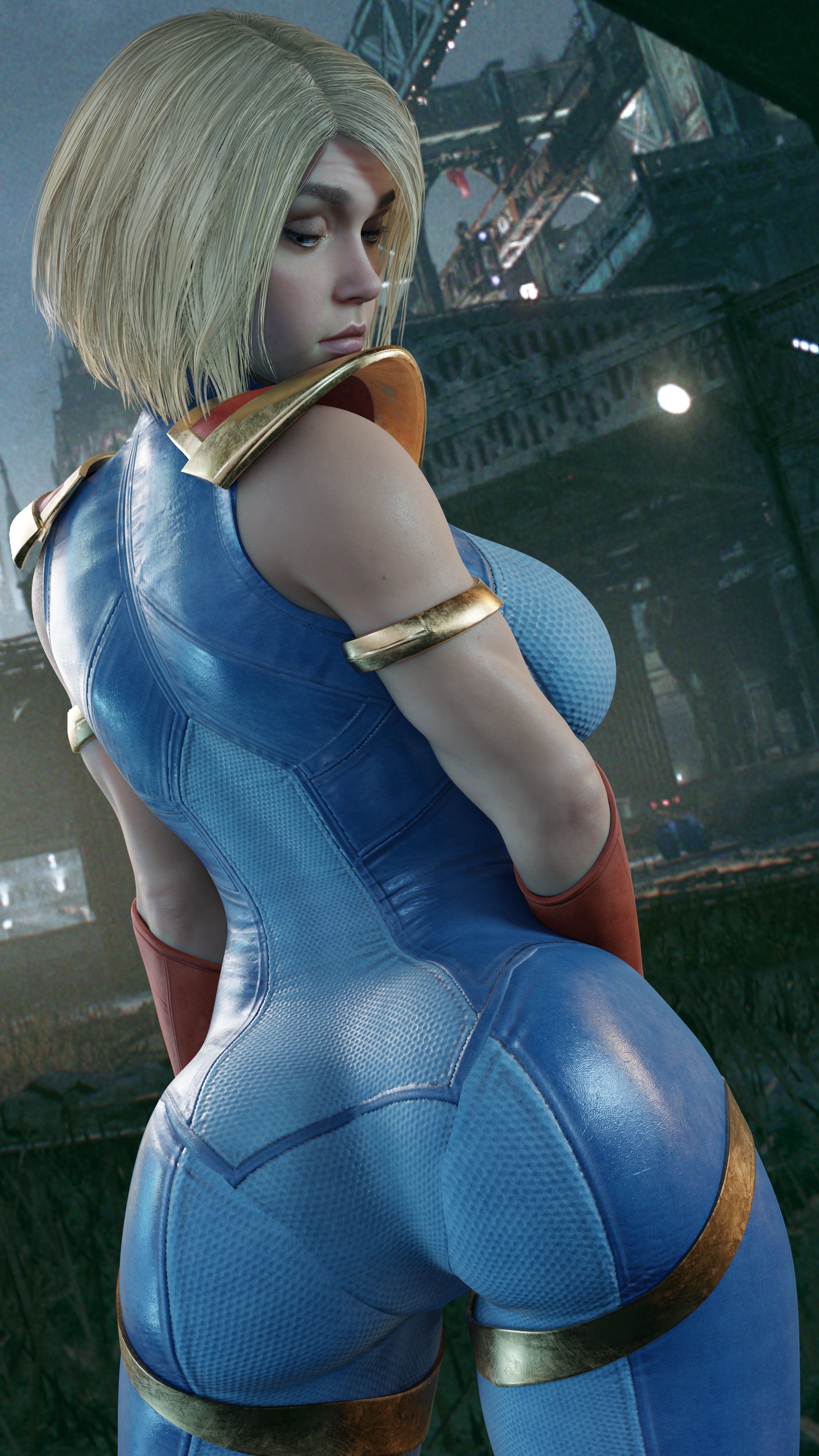 1girls, 3d, 3d (artwork), ass, big ass, big breasts, blonde hair, blue eyes, breasts, dc, dc comics, female, female only, fully clothed, guakghad, injustice 2, kara danvers, kara zor-el, kryptonian, light skin, light-skinned female, rear view, short hair, solo, supergirl, supergirl (injustice), superheroine, superman (series), thick thighs, wide hips