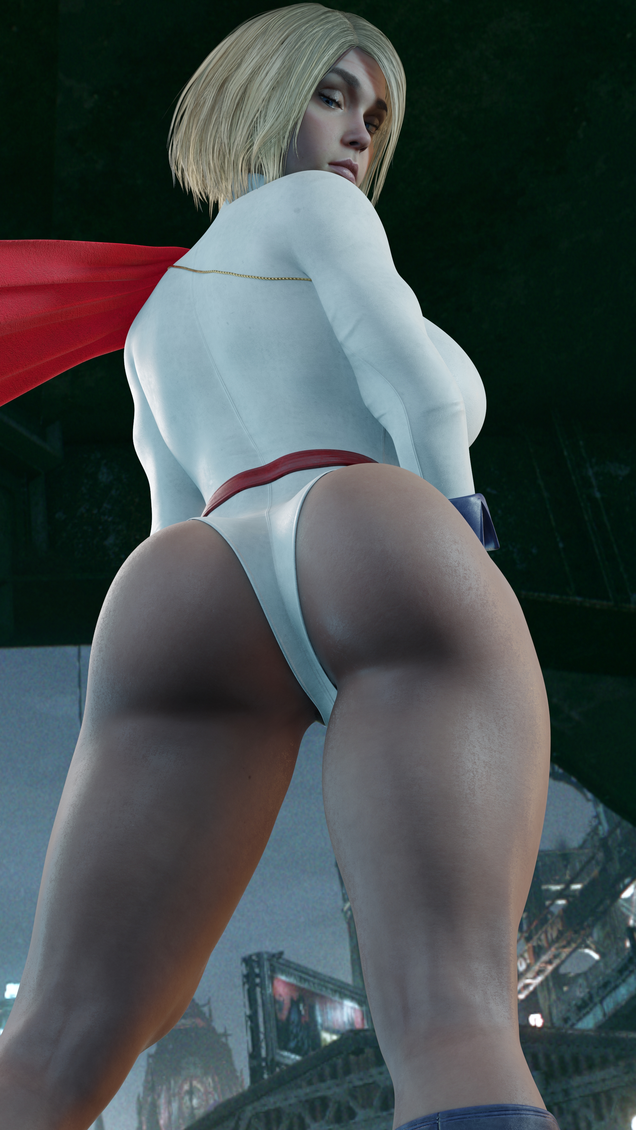 1girls, 3d, 3d (artwork), ass, big ass, big breasts, blonde hair, blue eyes, breasts, dc, dc comics, female, female only, fully clothed, guakghad, injustice 2, kara danvers, kara zor-el, kryptonian, light skin, light-skinned female, low-angle view, power girl (cosplay), rear view, short hair, solo, supergirl, supergirl (injustice), superheroine, superman (series), thick thighs, wide hips