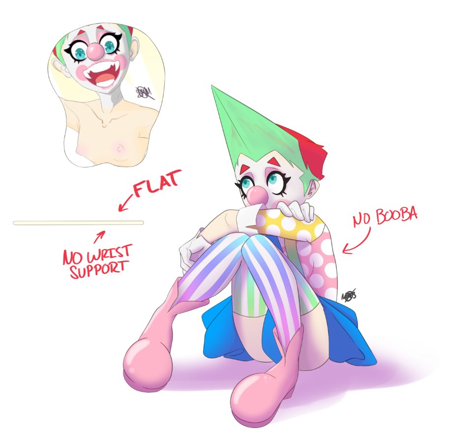 ass clown clown_girl clown_makeup clown_nose flat_chest gloves hunched_over knees_together_feet_apart looking_up meme mouse_pad polka_dot rainbow_clothing sad sitting skirt stockings striped_stockings suspenders thighs tomboy