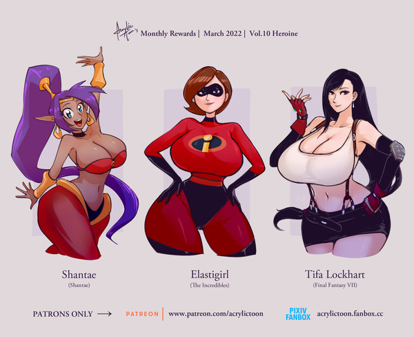 3girls, acrylictoon, artist name, athletic, athletic female, big breasts, breasts, brown body, brown hair, brown skin, bursting breasts, busty, crossover, dark skin, dark-skinned female, disney, domino mask, eastern and western character, elastigirl, english text, female, female only, final fantasy, final fantasy vii, fit, fit female, genie, helen parr, large breasts, legs, mask, mature female, milf, mother, mouth, multiple females, multiple girls, open mouth, pixar, shantae, shantae (character), short hair, simple background, skin tight, superhero, superheroine, text, the incredibles, thick, thick legs, thick thighs, thighs, thunder thighs, tifa lockhart, tight clothing, voluptuous, voluptuous female, watermark