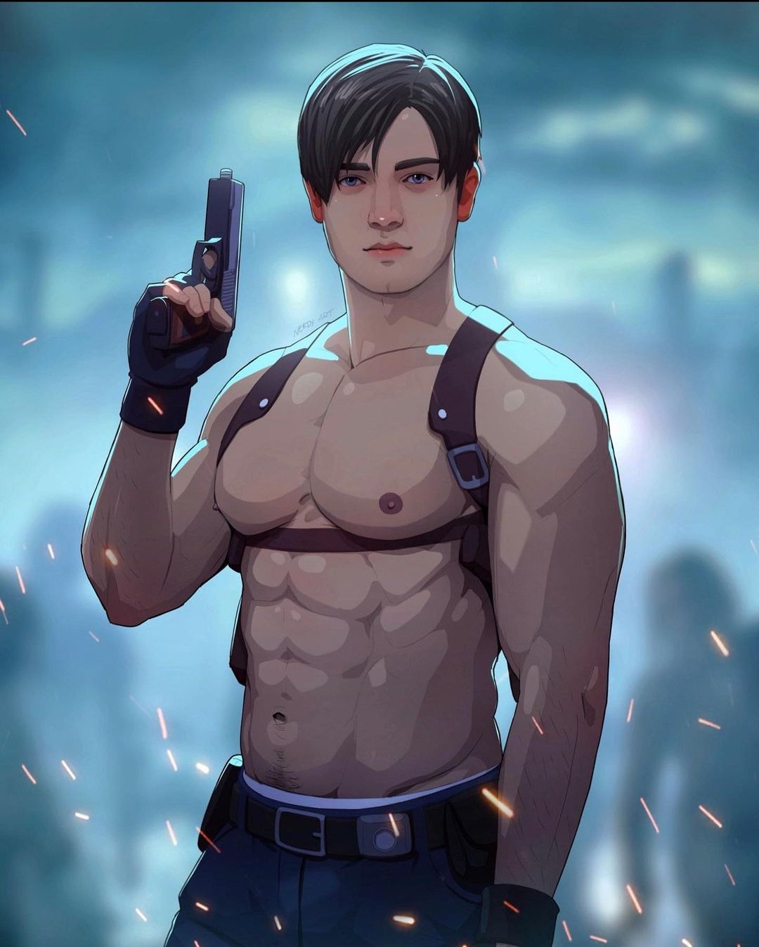 bara_tiddies belt big_pecs casual firearm gun handgun handwear harness human large_pecs leon_scott_kennedy looking_at_viewer male male_focus male_only muscles muscular muscular_male nerdyart pale_skin pecs pinup posing resident_evil shirtless_male weapon