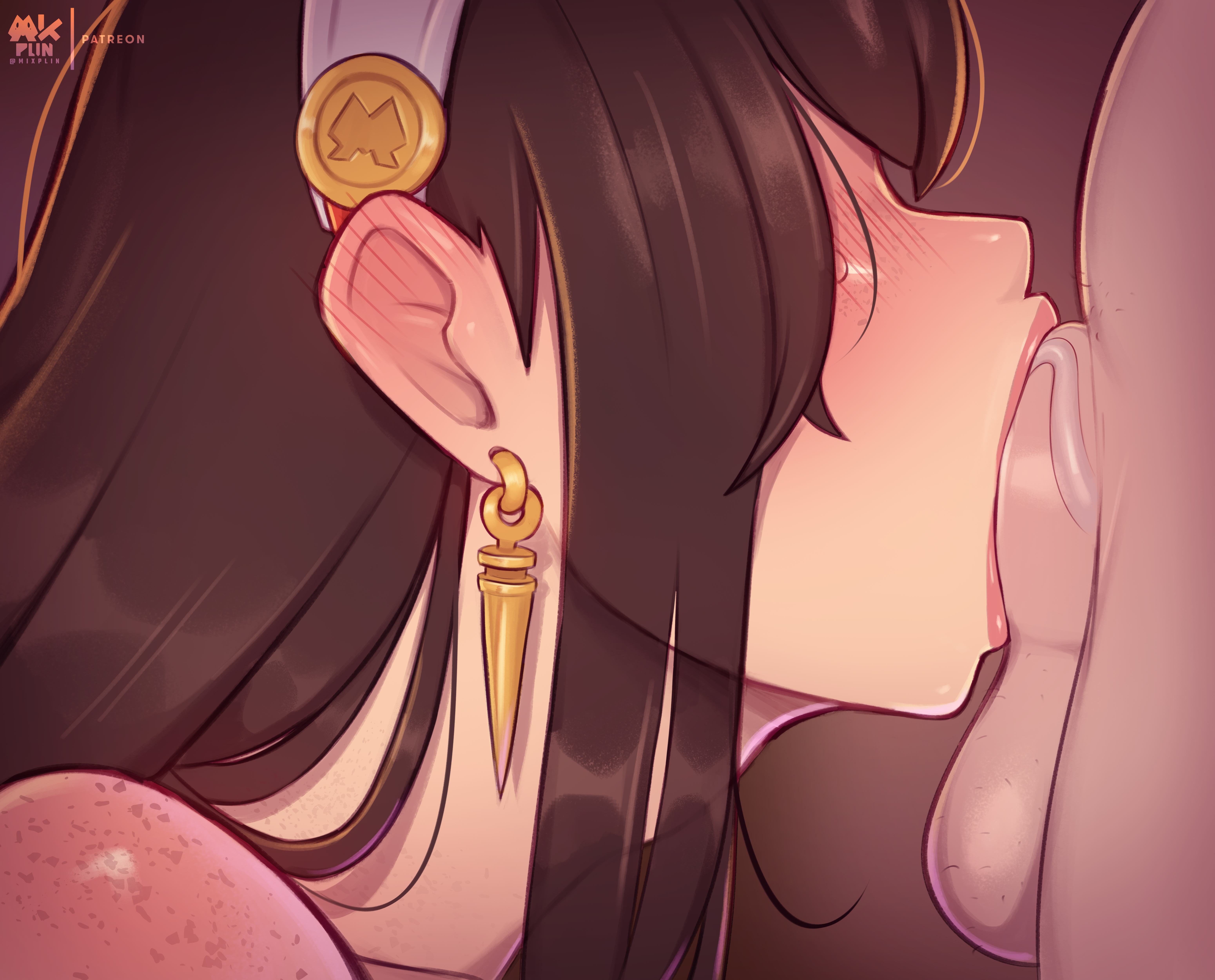 1boy, 1girls, aroused, black hair, blowjob, blowjob face, close-up, deepthroat, earrings, fellatio, female, female human, freckles on shoulders, full lips, high resolution, highres, human, human male, light skin, light-skinned female, loid forger, male, mature female, mixplin, pale skin, pale-skinned female, penis, sex, shoulder freckles, spy x family, variant, variant set, veiny penis, yor briar, yor forger