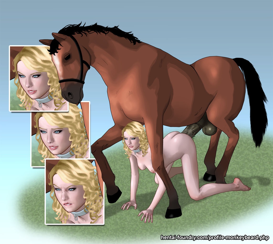1girls, all fours, ambiguous penetration, areolae, ass, bestiality, biting lip, blonde hair, blue eyes, breasts, celebrity, collar, curly hair, doggy style, female, from behind, frown, horse, horsecock, human, interspecies, light skin, light-skinned female, male, monkeybeard, nipples, nude, nude female, penis, real person, sex, smile, taylor swift, zoophilia