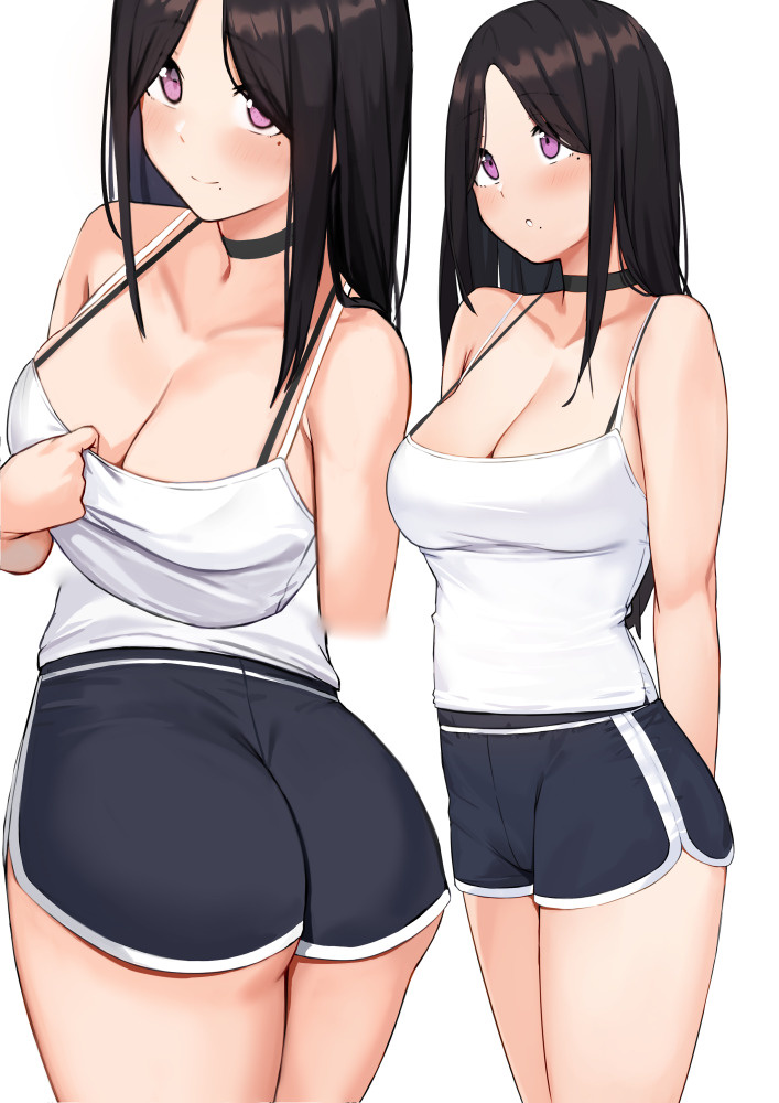 anti (artist), ass, ass crack, ass focus, bare arms, bare legs, bare shoulders, beauty mark, black choker, black collar, black hair, booty shorts, breast focus, breasts, busty, butt crack, choker, cleavage, collar, collarbone, female, female focus, female only, legs together, long hair, medium breasts, mole, mole under eye, mole under mouth, purple eyes, shorts, smiling, smiling at viewer, thick thighs, thighs, white background, white tank top