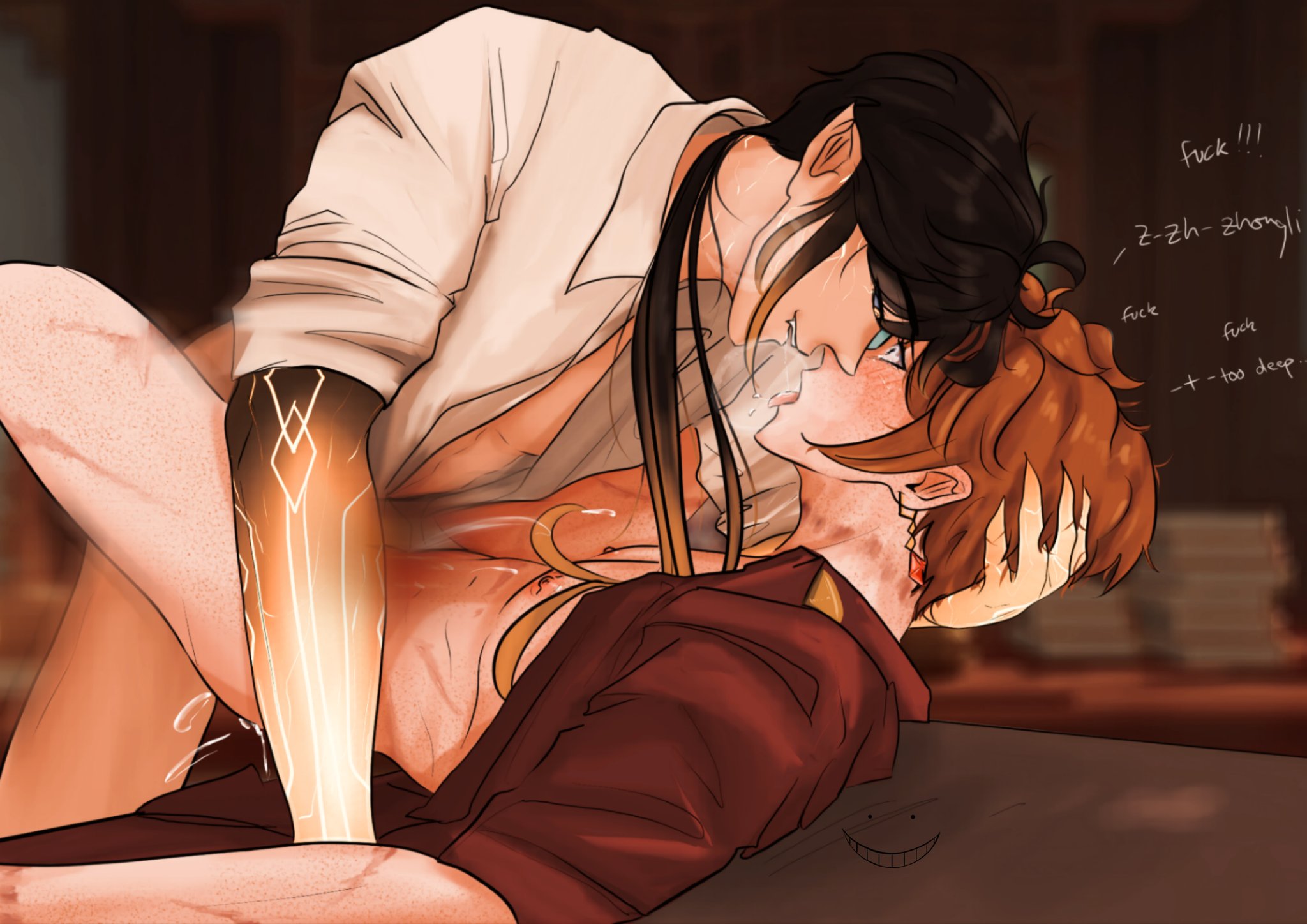 2boys, ahe gao, childe (genshin impact), claws, gay, genshin impact, kissogai, male, markings, mind break, missionary position, pointy ears, red hair, rough sex, scar, tartaglia (genshin impact), tattoo, tongue, tongue out, zhongli (genshin impact)