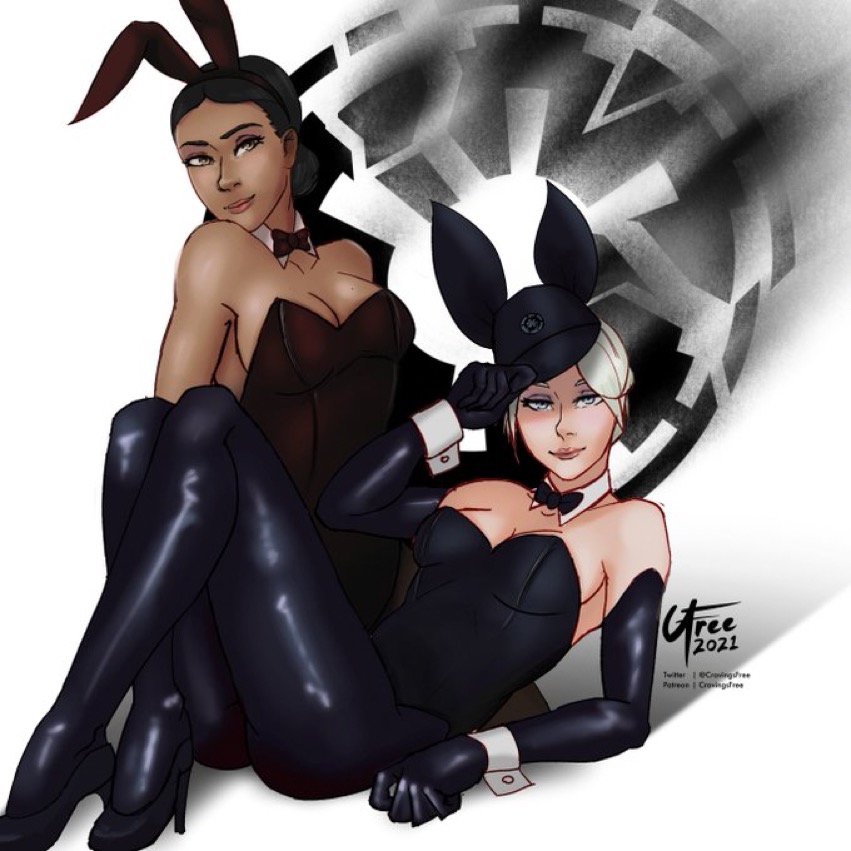 2021 2girls animal_ears armwear blonde_hair bow bowtie breasts bunny_ears bunny_girl bunnysuit cleavage clothed clothed_female clothing cravingsfree dark-skinned_female dark_skin detached_collar duo female female_only footwear full_body fully_clothed galactic_empire_insignia gloves hat headgear heels iden_versio imperial_cap imperial_officer juno_eclipse light-skinned_female light_skin long_gloves looking_at_viewer medium_breasts multiple_girls multiverse neckwear patreon pinup playboy_bunny pose shadow shoes short_hair signature signed simple_background star_wars star_wars:_battlefront_2 star_wars_legends the_force_unleashed twitter_username white_background