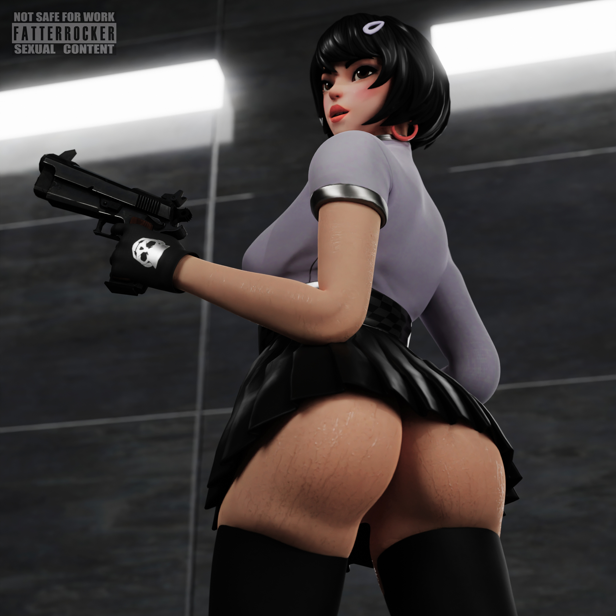 1girls, 3d, ass, ass focus, big ass, big butt, black hair, brown eyes, evie (fortnite), fatterrocker, female, fortnite, fortnite: battle royale, lipstick, no panties, short hair, short skirt, sweat, white body, white skin