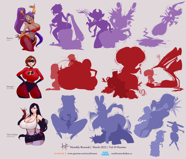 3girls, acrylictoon, artist name, athletic, athletic female, big breasts, breasts, brown body, brown hair, brown skin, bursting breasts, busty, crossover, dark skin, dark-skinned female, disney, domino mask, elastigirl, english text, female, female focus, final fantasy, final fantasy vii, fit, fit female, genie, helen parr, large breasts, legs, mask, mature female, milf, mother, mouth, multiple females, multiple girls, open mouth, pixar, shantae, shantae (character), short hair, simple background, skin tight, smooth skin, solo, superhero, superheroine, text, the incredibles, thick, thick legs, thick thighs, thighs, thunder thighs, tifa lockhart, tight clothing, voluptuous, watermark, wild take