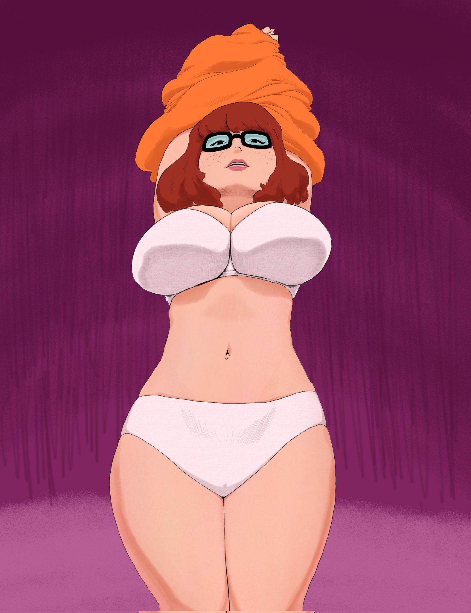 1girls, artist name, big breasts, bra, breasts, busty, cerealkiller4586 (shane ballard), character name, copyright name, female, female focus, female only, glasses, hanna-barbera, hourglass figure, looking at viewer, nerd, nerdy female, panties, scooby-doo, solo, tagme, thick thighs, underwear, undressing, velma dinkley, wide hips