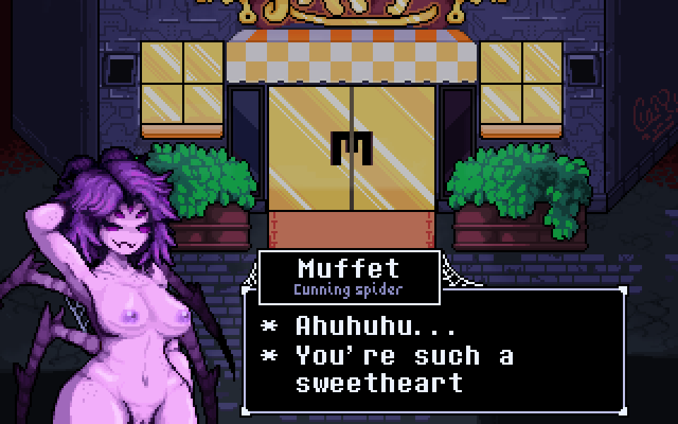 1girls 5_eyes 6_arms animal_humanoid anthro arachnid arthropod_humanoid breasts dialogue female female_only genitals li_offline muffet multi_arm multi_eye multi_limb nude nudity pixel pixel_art posted_by_artist public_nudity purple_body purple_eyes purple_hair solo spider_girl thick_thighs thighs undertale undertale_(series) undertale_au video_games