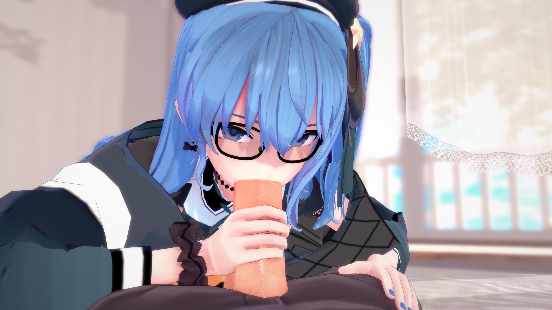 1boy, 1girls, 3d, alternate version available, blue hair, blue-eyes, fellatio, female, glasses, handjob, hat, hololive, hololive gen 0, hololive japan, hoshimachi suisei, indoors, just the tip, looking at viewer, male, nail polish, penis, pov, tagme, virtual youtuber, wataamage, window, wrist scrunchie