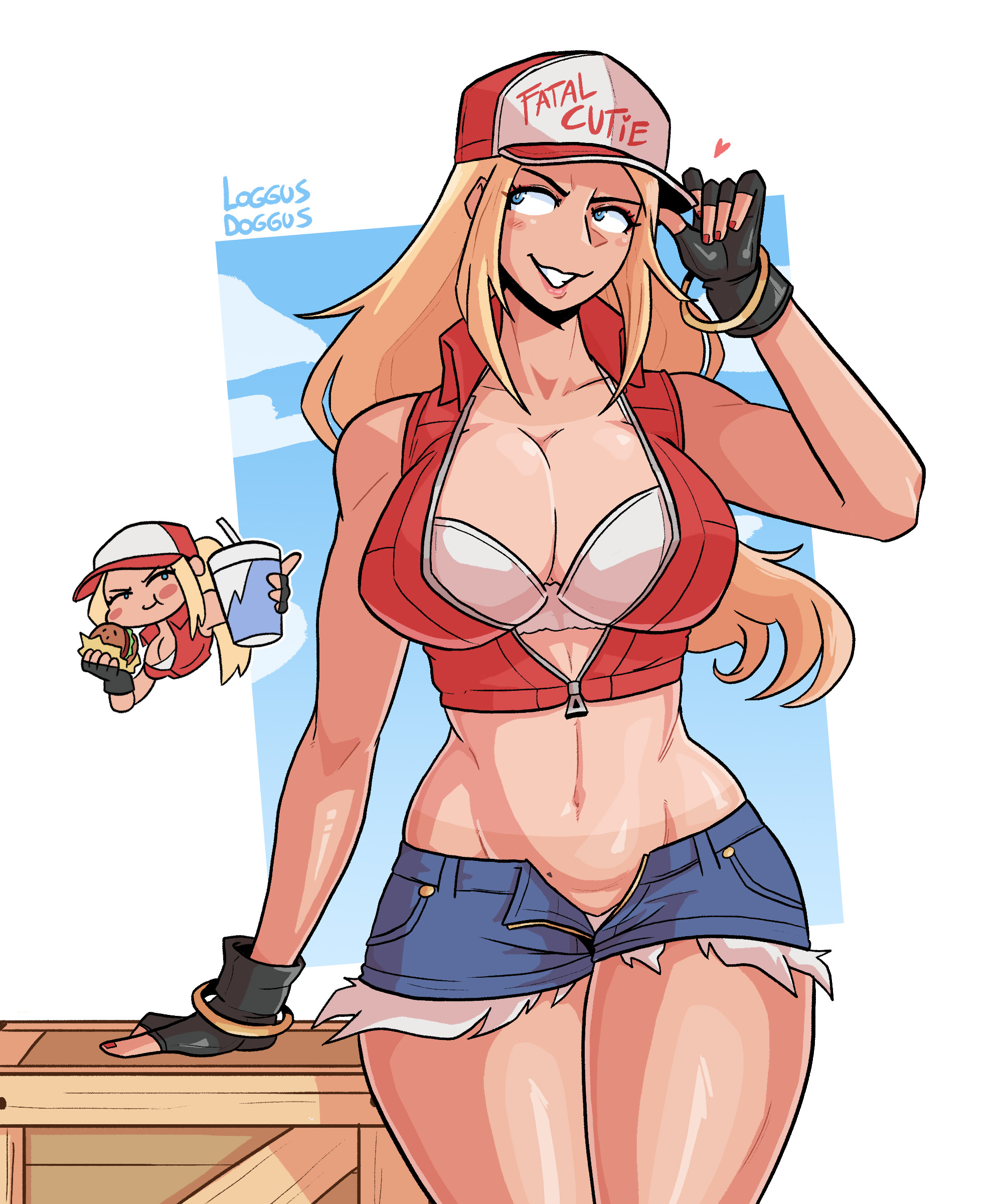 baseball cap, blonde hair, blue eyes, booty shorts, bra, burger, cap, crop top, cropped jacket, fatal fury, female, female terry, fingerless gloves, king of fighters, loggus doggus, long hair, no panties, rule 63, shorts, snk, snk heroines: tag team frenzy, tan, tanline, terry bogard