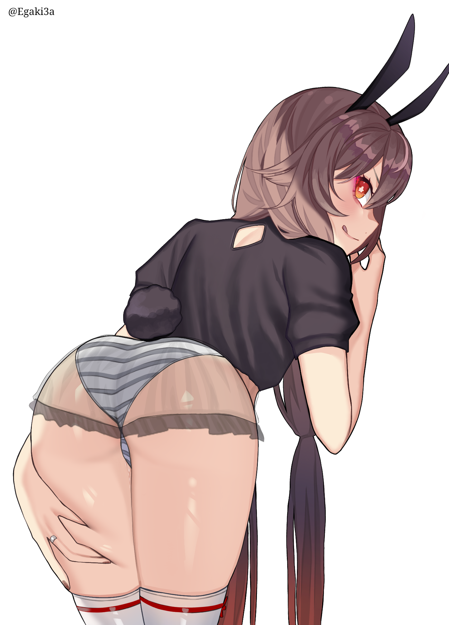 :q, 1girls, brown hair, bunny ears, egaki3a, female, female only, funny pizza, genshin impact, hu tao (genshin impact), light skin, light-skinned female, miniskirt, red eyes, skirt, smile, smiling, smiling at viewer, solo, solo female, striped panties, tongue, tongue out