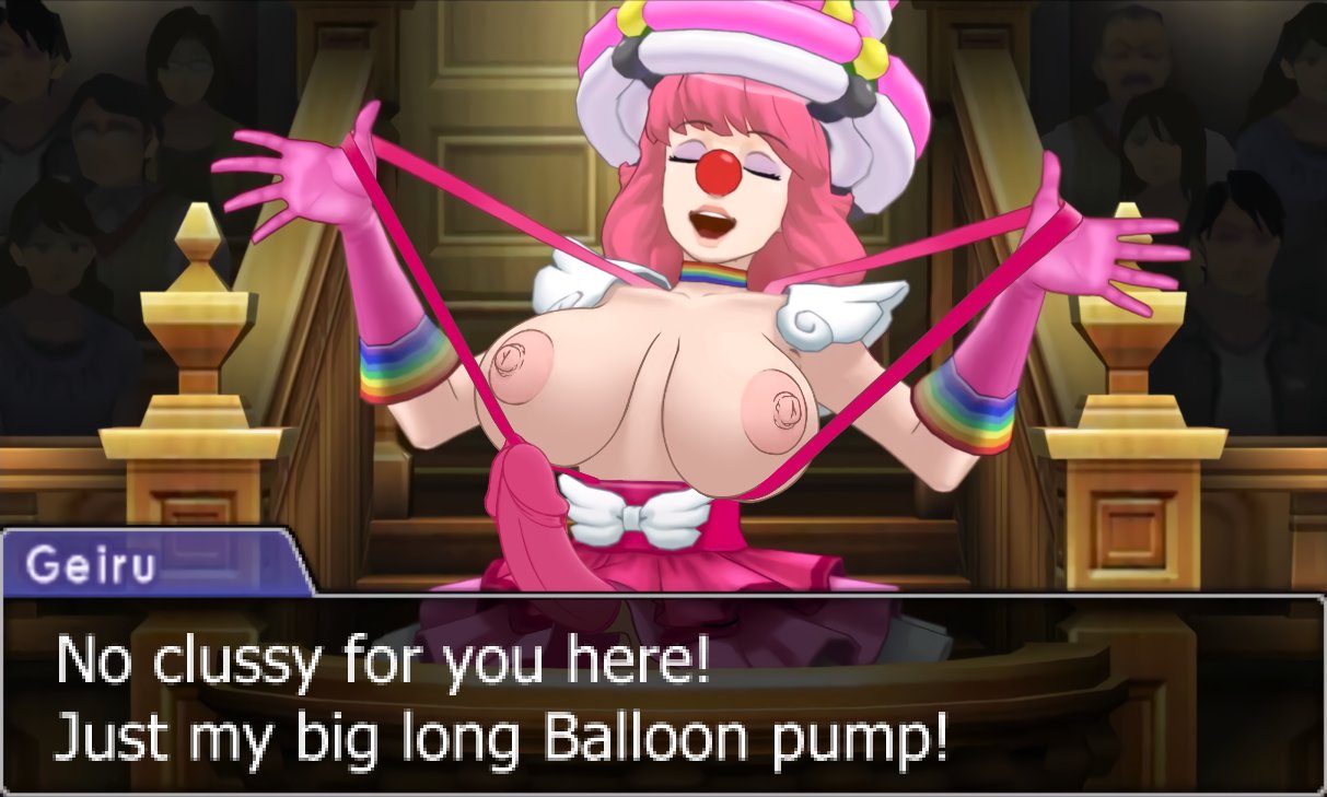 1futa, accurate art style, areolae, breasts, clothed, clothing, clown, clown girl, clussy, condom, edit, female, futanari, geiru toneido, gyakuten saiban, human, intersex, light skin, monkeyman (artist), nipples, partially clothed, penis, screencap, screenshot edit, tagme