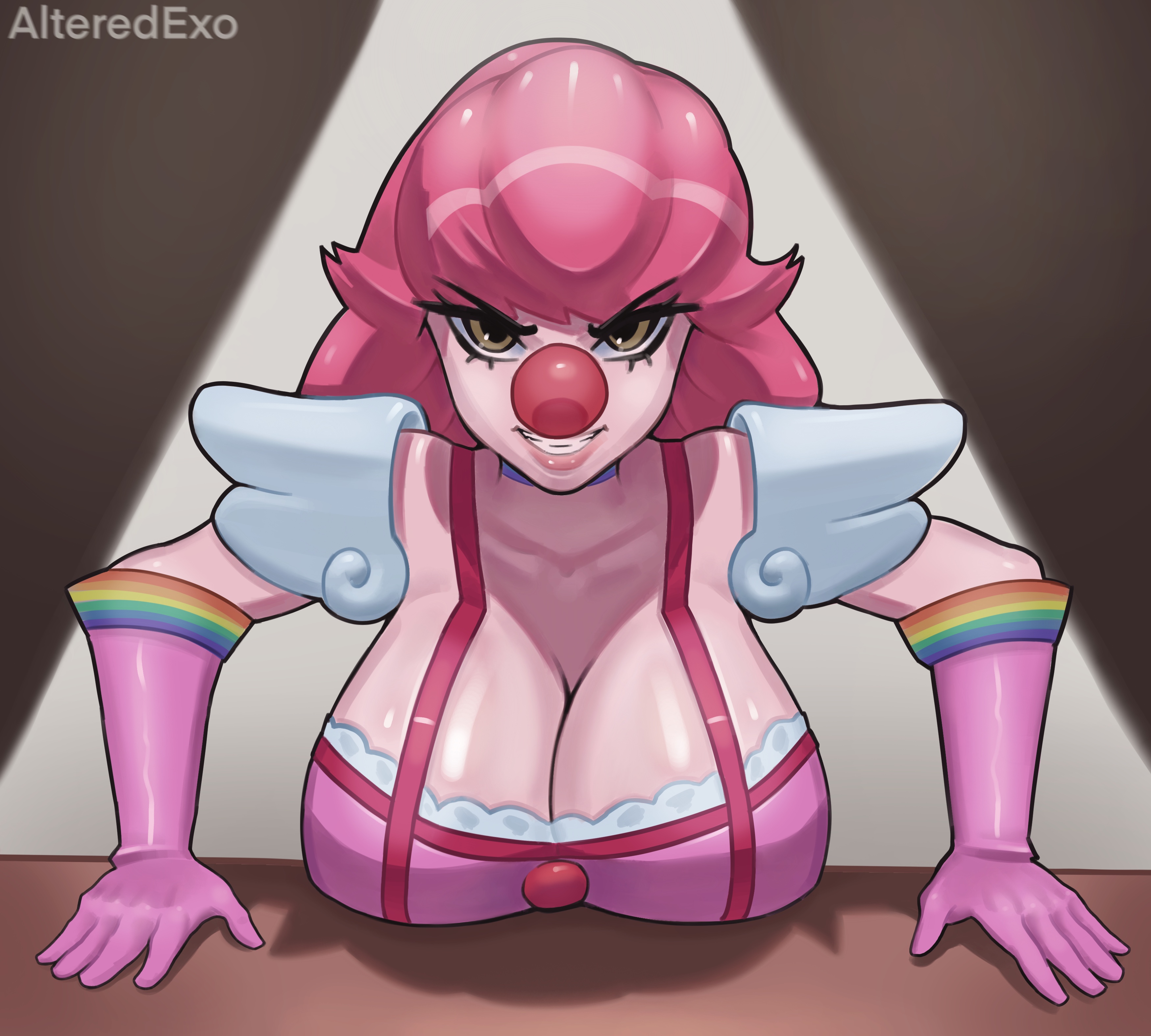 1girls, alteredexo, big breasts, breasts, brown eyes, choker, cleavage, clown, clown girl, clown nose, clussy, evil grin, evil smile, female, female only, geiru toneido, gloves, gyakuten saiban, pink hair, tagme