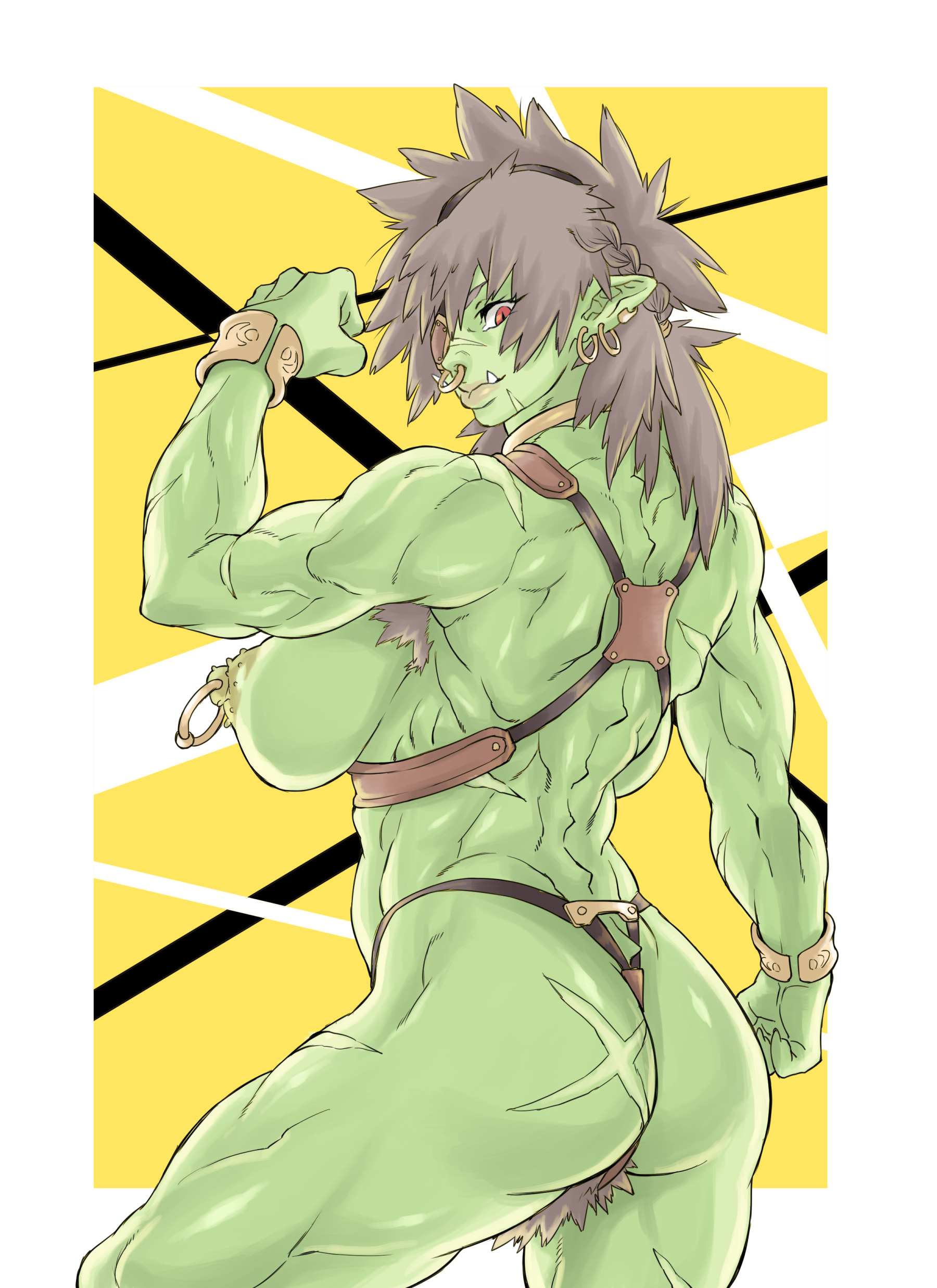1girls, armpit hair, ass, back, breasts, female, female only, green skin, kouya toufu, large breasts, muscular, muscular back, muscular female, orc, orc female, pose, pubic hair, scar, scars all over, sideboob, solo