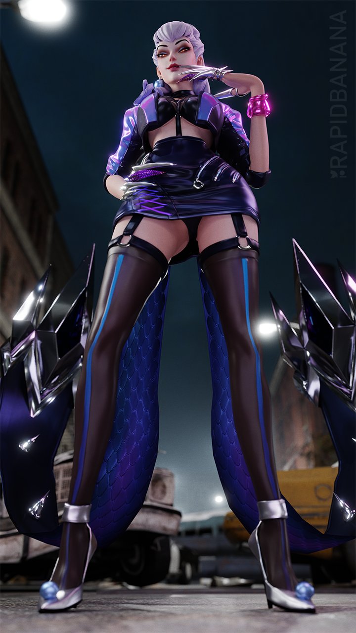 1girls, 3d, clothed, clothing, demon, evelynn, female, female focus, female only, k/da all out evelynn, k/da all out series, k/da series, league of legends, light skin, light-skinned female, looking at viewer, looking down, rapid banana, skirt, solo, streetwear, succubus, upskirt, watermark