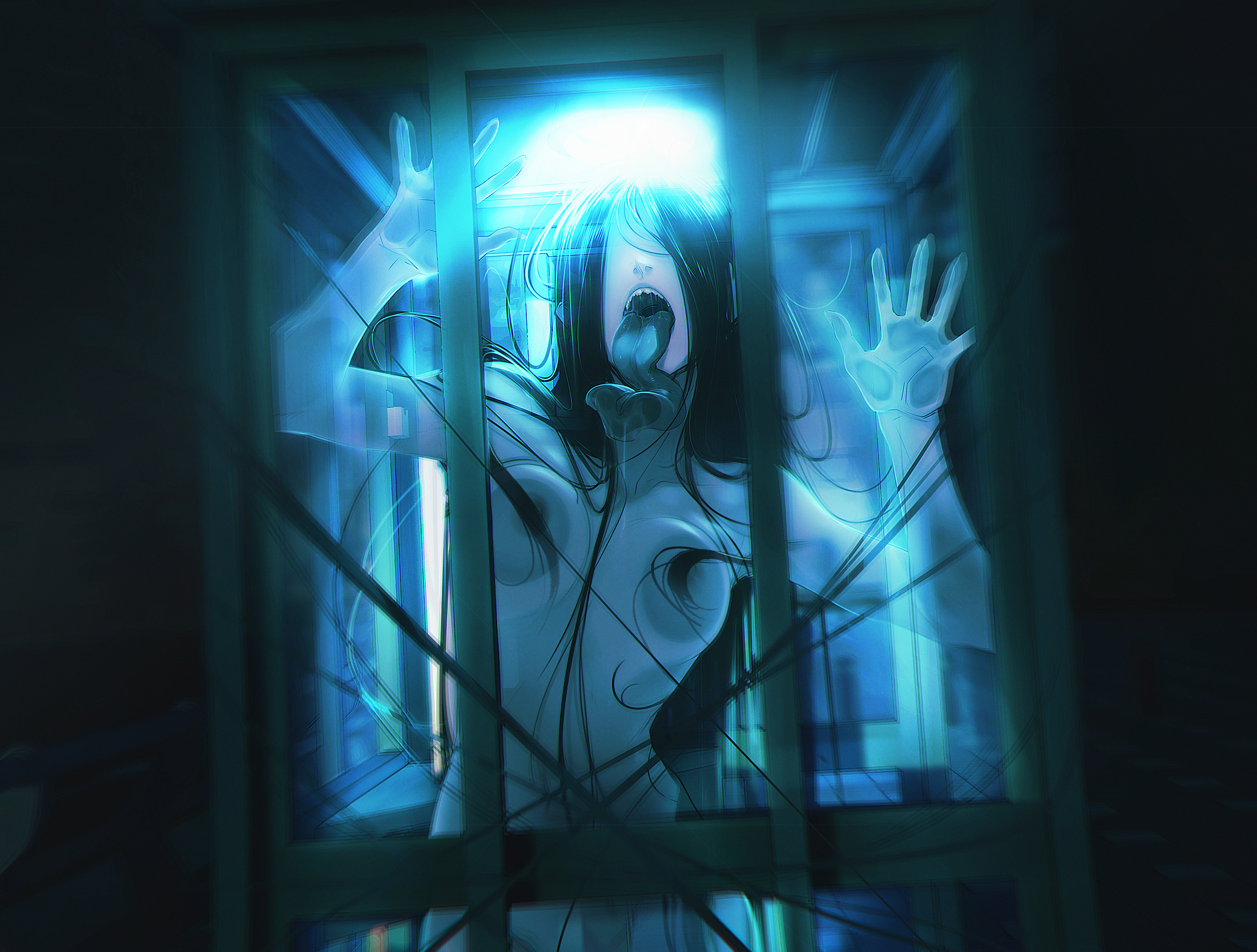 1girls, against glass, big breasts, black hair, breasts, breasts on glass, female, ghost girl, legs together, long hair, long tongue, nightmare waifu, nipples, obj shep, open mouth, tongue, tongue out, wide hips
