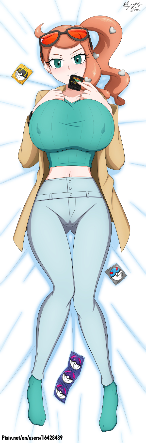 bed, big breasts, blush, breasts, coat, condom, condom wrapper, dakimakura, female, green eyes, hi res, horny female, inviting, looking at viewer, luna xd, lying, nintendo, open mouth, orange hair, pants, pokemon, pokemon ss, ponytail, seductive, slight blush, socks, sonia (pokemon), sunglasses, sunglasses on head, sweater, tight pants