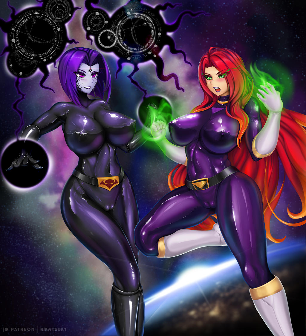 boots, breasts, catfight, corruption, dc, dc comics, dinaranger, female, fight, green eyes, huge breasts, latex, latex bodysuit, long hair, multiple females, multiple girls, nipples, original, purple eyes, purple hair, rachel roth, raven (dc), red hair, rikatsuky, short hair, signature, starfire, straight hair, teen titans, teenager, text, thick thighs, tight clothing, zofa soldier