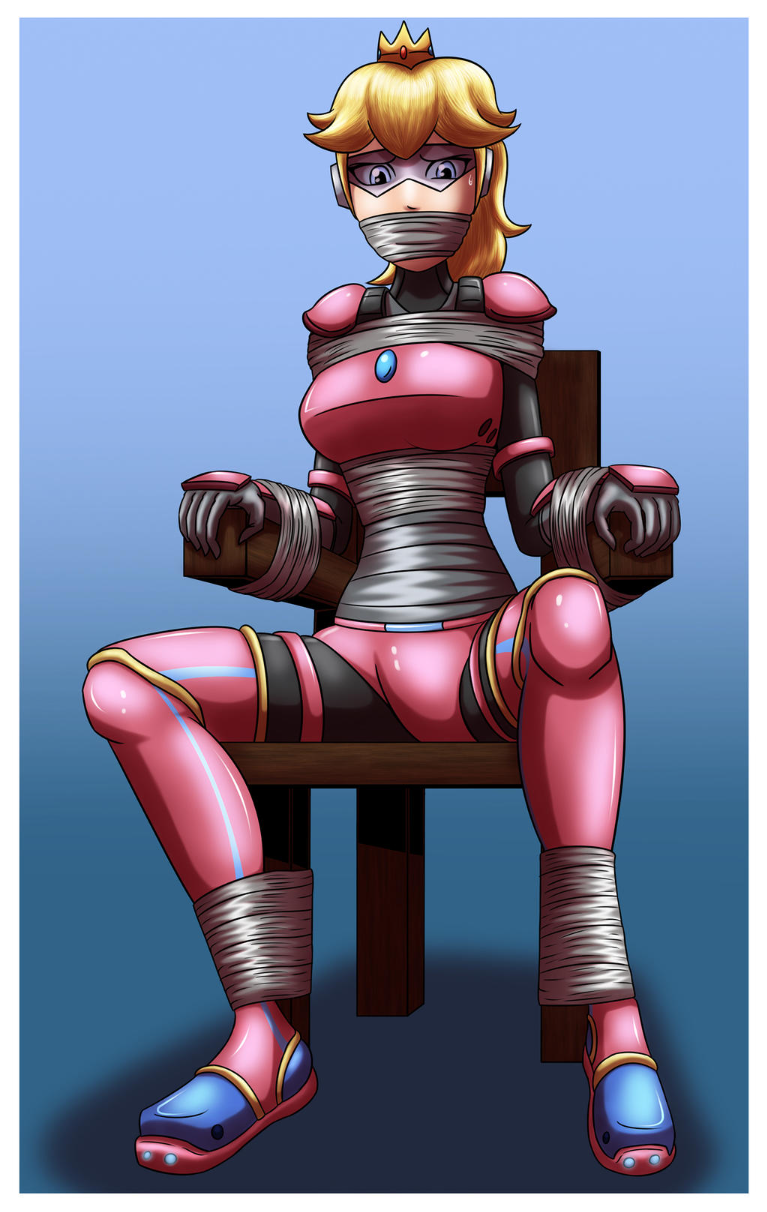 armor blue_trim bondage captured helpless looking_at_viewer mario_(series) mario_strikers nintendo pink_armor power_armor princess_peach purple-tinted_eyewear sitting stuck tape taped_arms taped_legs taped_mouth taped_to_chair tinted_eyewear trapped visor visor_(armor)