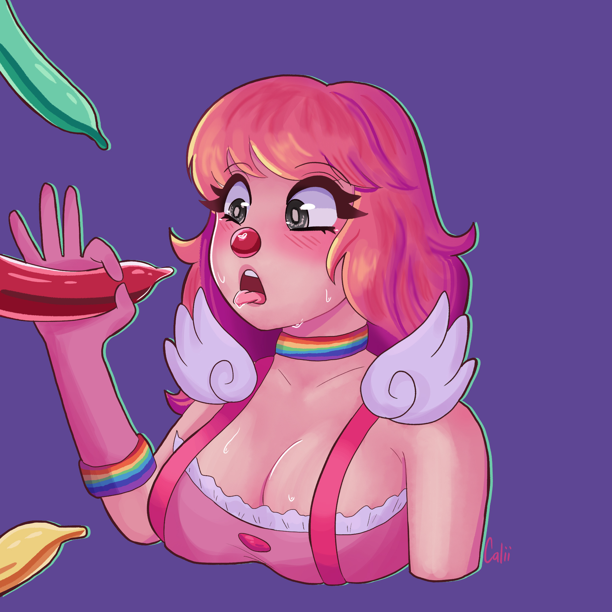 1girls, balloon, balloon fetish, big breasts, blush, breasts, calii, capcom, choker, cleavage, clown, clown girl, clown makeup, clown nose, clussy, female, female only, geiru toneido, gyakuten saiban, innuendo, light skin, light-skinned female, pink hair, suggestive, suspenders, sweat, tongue, tongue out
